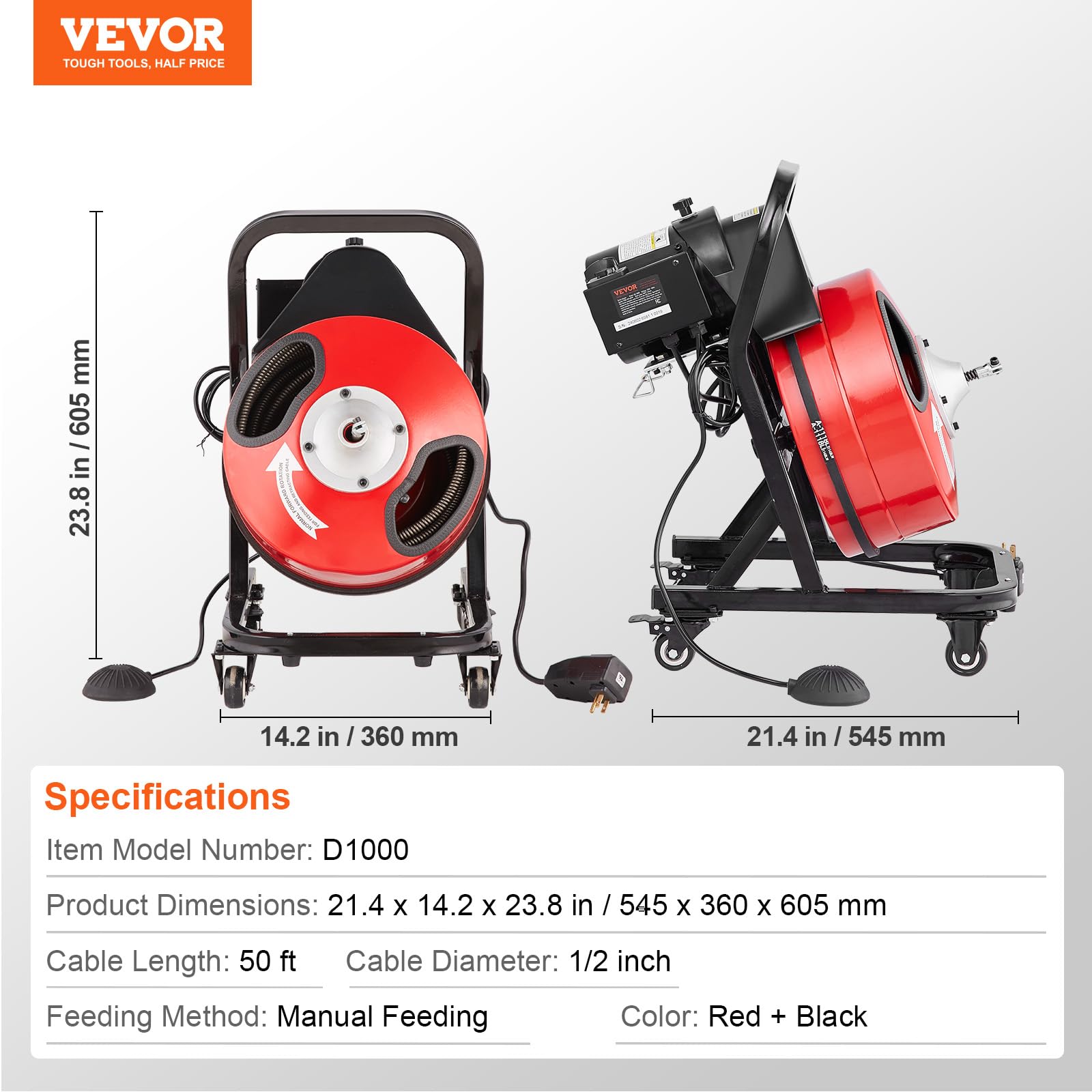 VEVOR 50FT x 1/2Inch Sewer Snake Machine, Drain Cleaning Machine on 4 Wheels, Electri Drain Auger with 4 Cutters & Foot Switch for 1''- 4'' Pipes