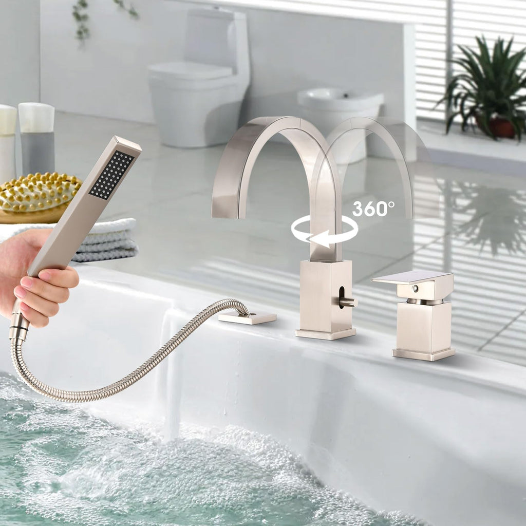Brass Roman Tub Faucet with Sprayer, Deck Mount Bathtub Faucet with Hand Shower, 3 Hole Waterfall Faucet with 360 Spout, Single Handle Tub Filler with 8 GPM High Flow, Brushed Gold