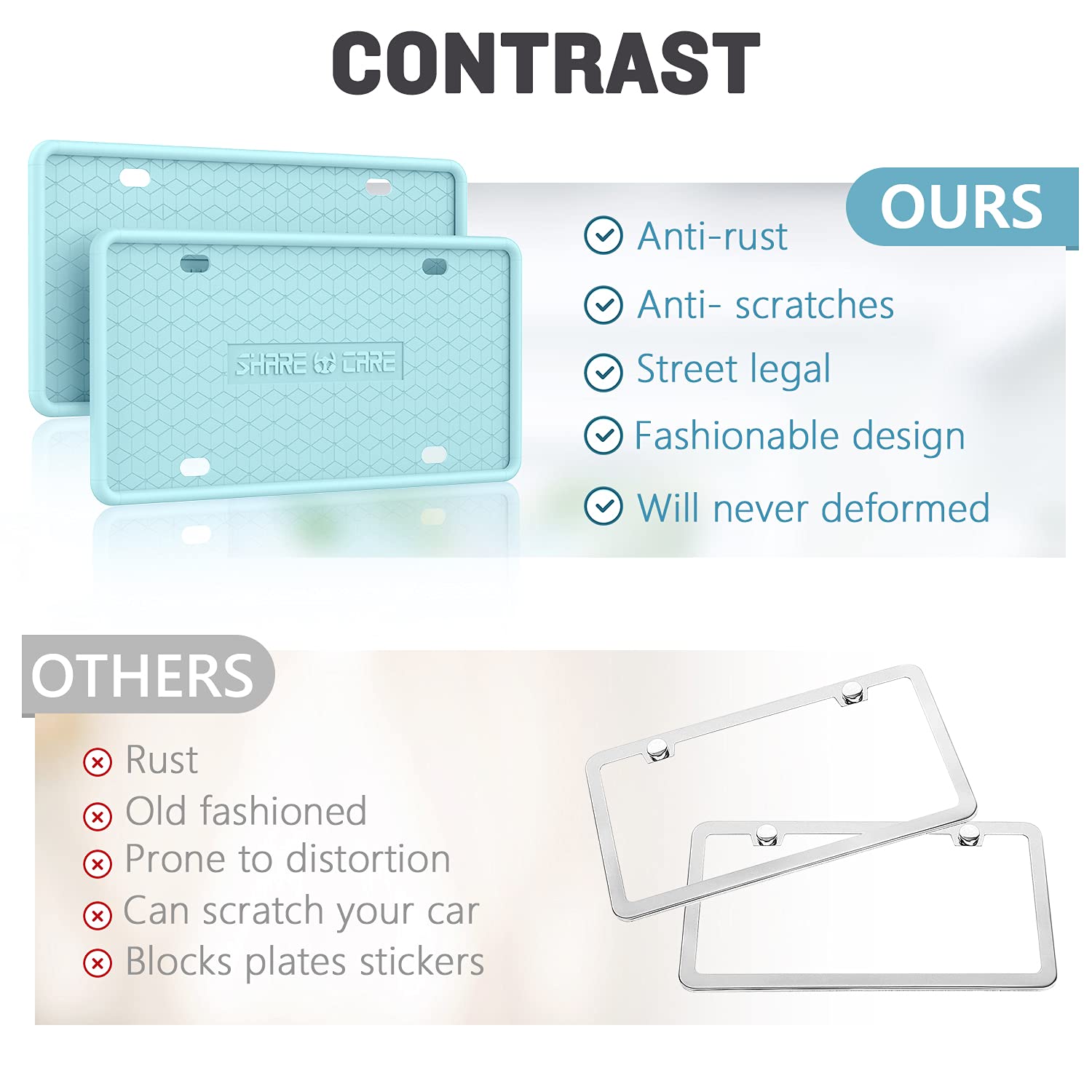 QiqaMole 2 Pack License Plate Frame Include 1 Silicone License Plate Frame and 1 Crystal License Plate Cover with Rhinestone Crystal Diamond Screw Set Car Bling License Plate Frame (Black + AB Color)