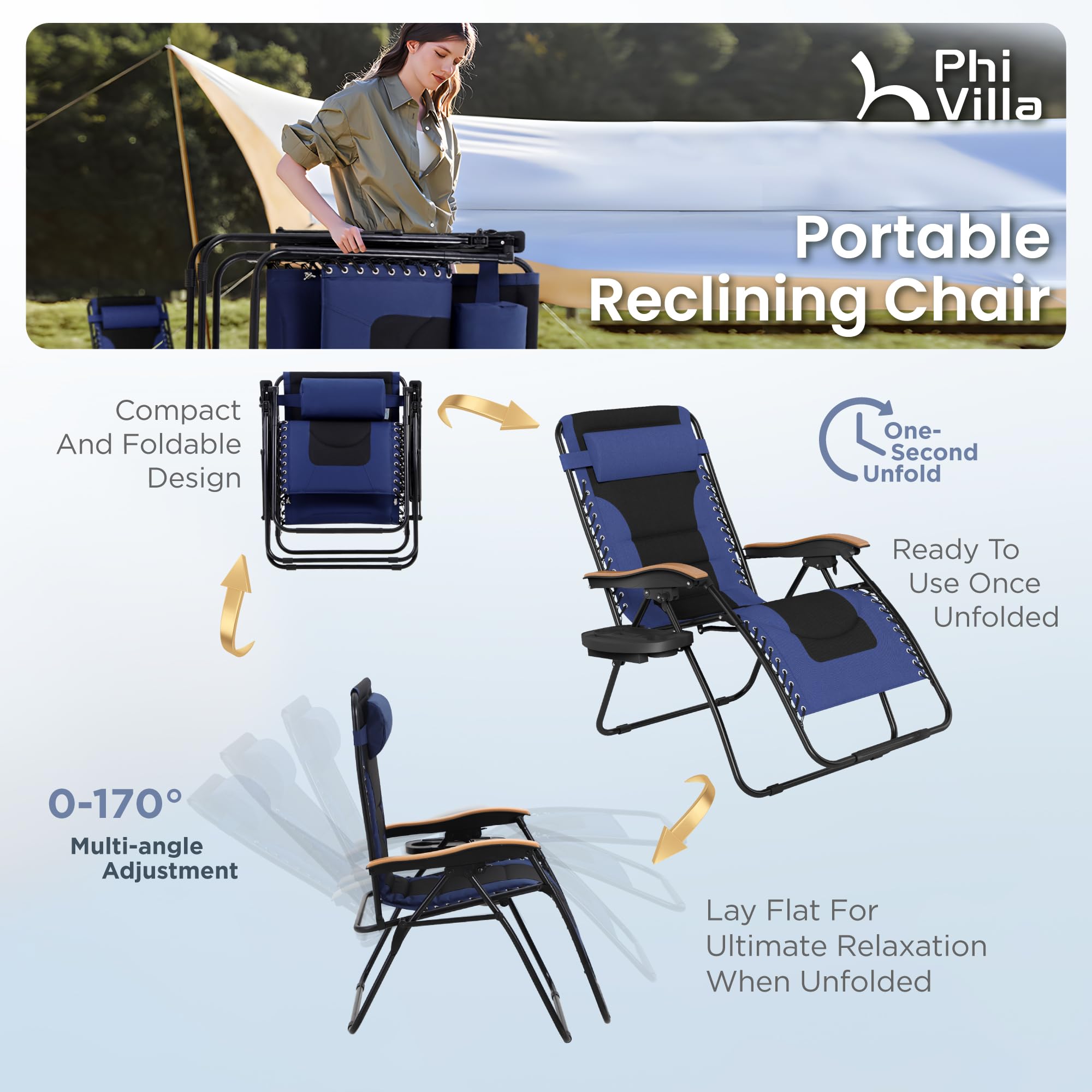 PHI VILLA XXL Oversized Padded Zero Gravity Chair Set of 2, Foldable Patio Recliner, 30" Wide Seat Anti Gravity Lounger with Armrest and Cup Holder, Support 400 LBS (Aqua Blue)