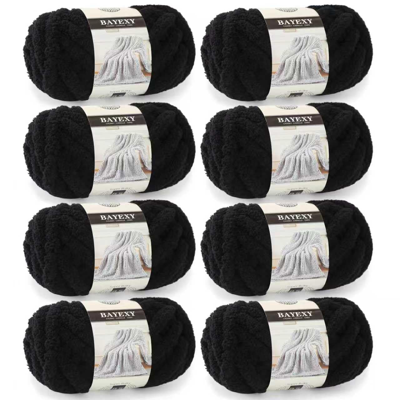 Chunky Chenille Yarn for Hand Knitting 8 Jumbo Pack Jumbo Chunky Yarn for Hand Soft Blanket Knitting, Bulky Thick Fluffy Yarn for Crocheting (Black)
