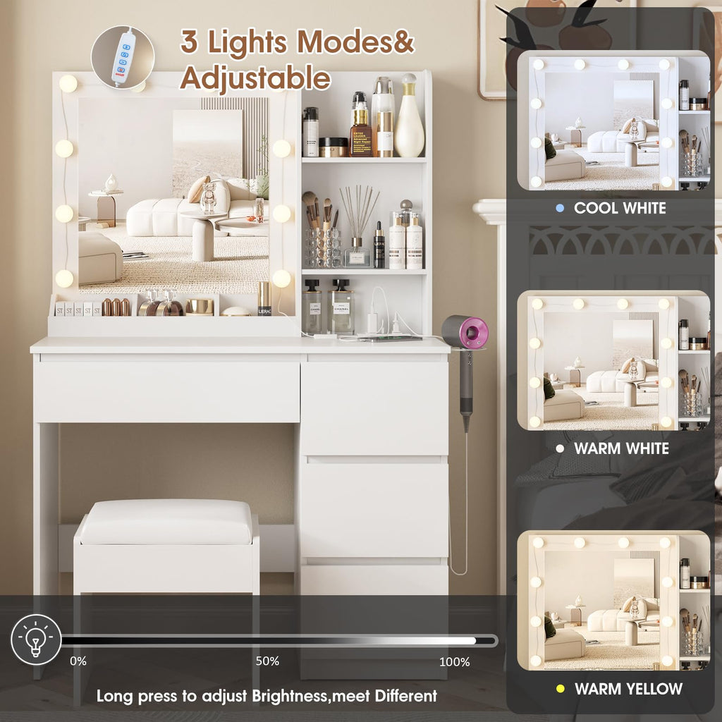 Vabches Makeup Vanity with Lights, 37inch Vanity Desk, 4 Large Drawers Dresser with Lighted Mirror, 3 Lighting Modes Brightness Adjustable, White