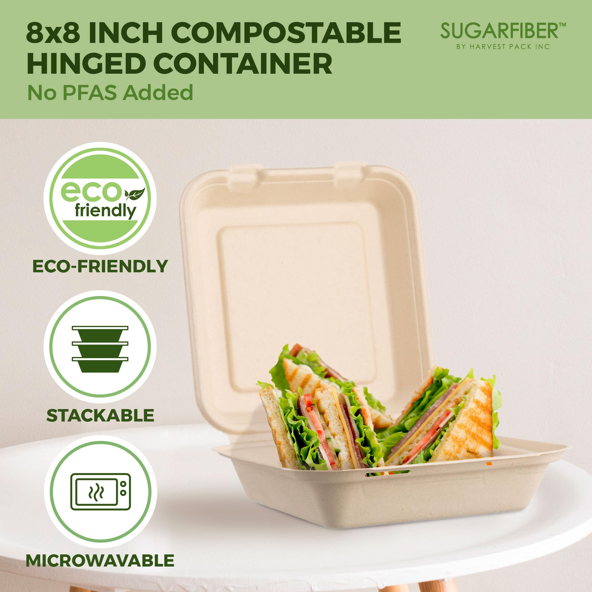[50 COUNT]Harvest Pack 6 X 6" Compostable Clamshell Take Out Food Containers, PFAS FREE Square To go Containers with Lids, Heavy-Duty Disposable Bagasse Bento Cake Box, Eco-Friendly Sugarcane Fibers