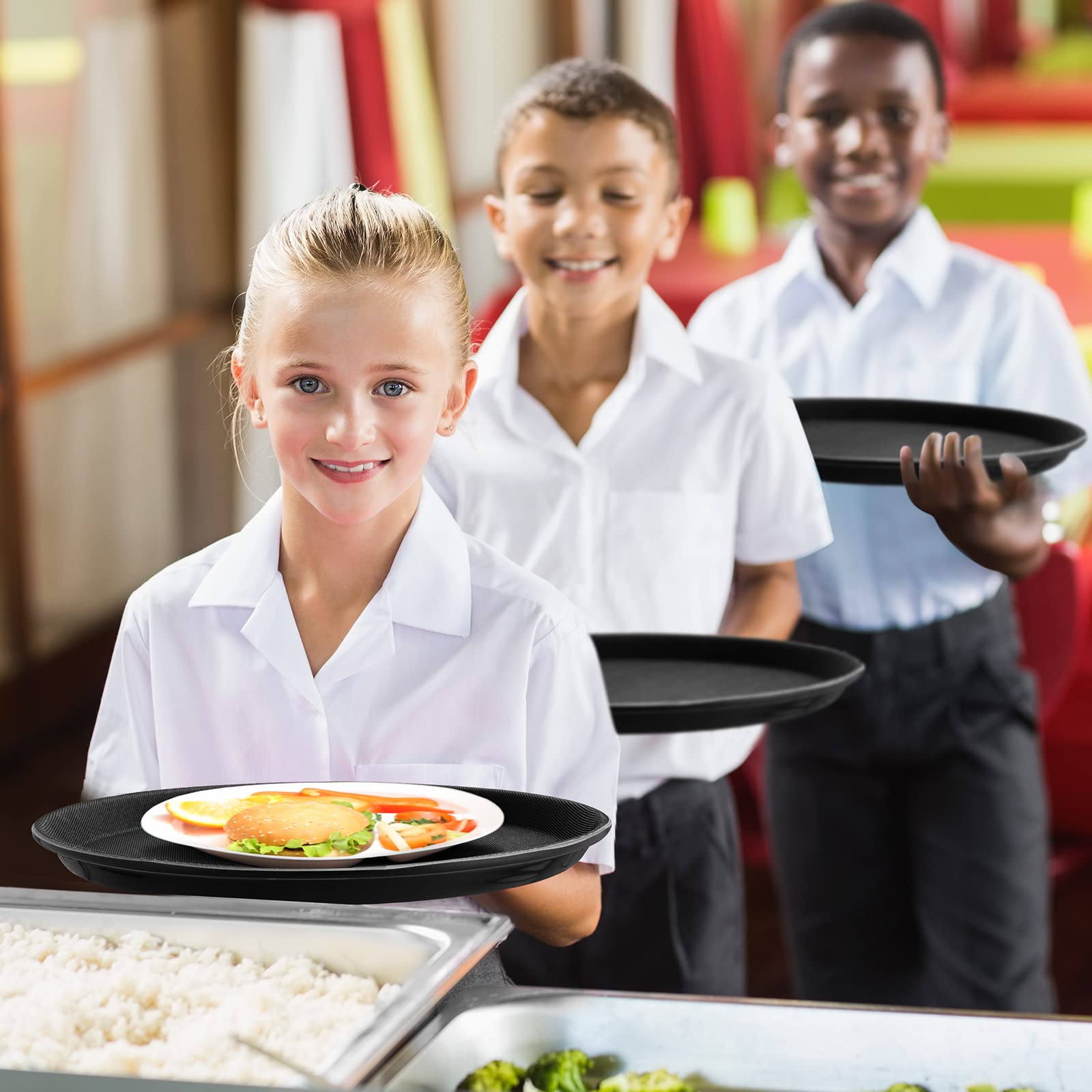 Zopeal 2 Pieces Black Round Restaurant Serving Tray, Plastic Non Slip Surface Food Meals Server Tray with Raised Edges for Home, Kitchen, Restaurant, Cafeteria, Bar (11")