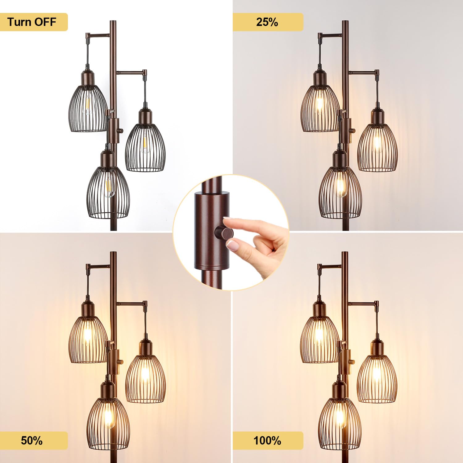 Dimmable Floor Lamp, 3 x 800LM LED Edison Bulbs Included, Farmhouse Industrial Floor Lamp Standing Tree Lamp with Elegant Teardrop Cage Tall Lamps for Living Room Bedroom Office Dining Room-Brass