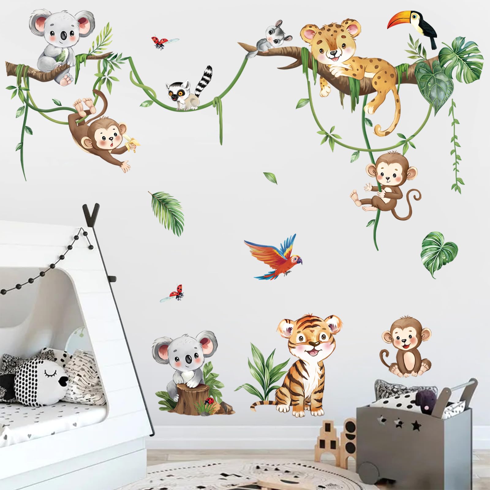 decalmile Jungle Animals Safari Wall Decals Lion Monkey Koala Wall Stickers Baby Nursery Kids Room Toddler Room Wall Decor