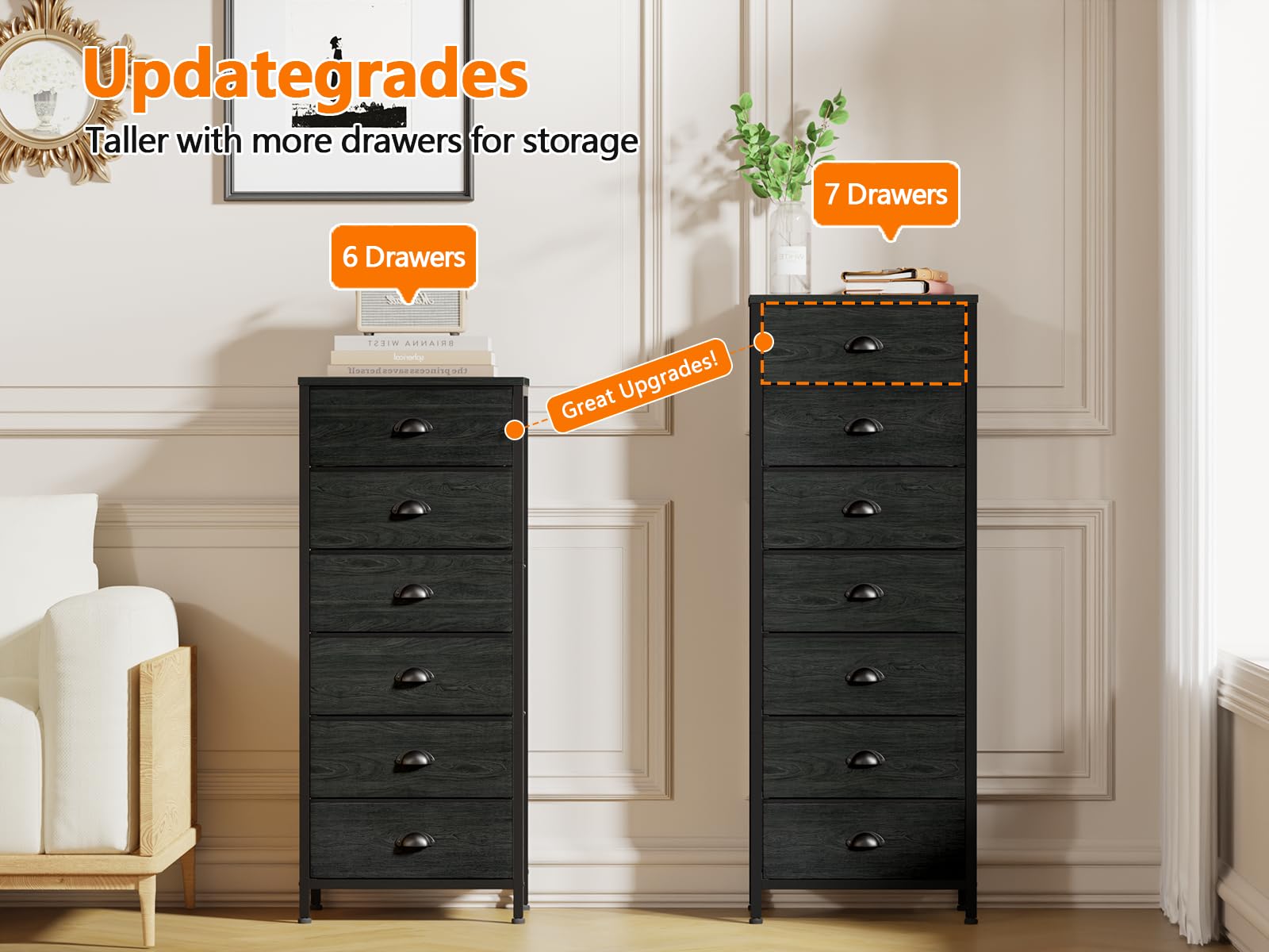 Furnulem Tall Dresser with 6 Drawers,Vertical Bedside End Table & Chest for Bedroom,Black Storage Tower Dorm Nightstand with Fabric Drawer Organizer Unit Furniture in Living Room,Closet,Hallyway