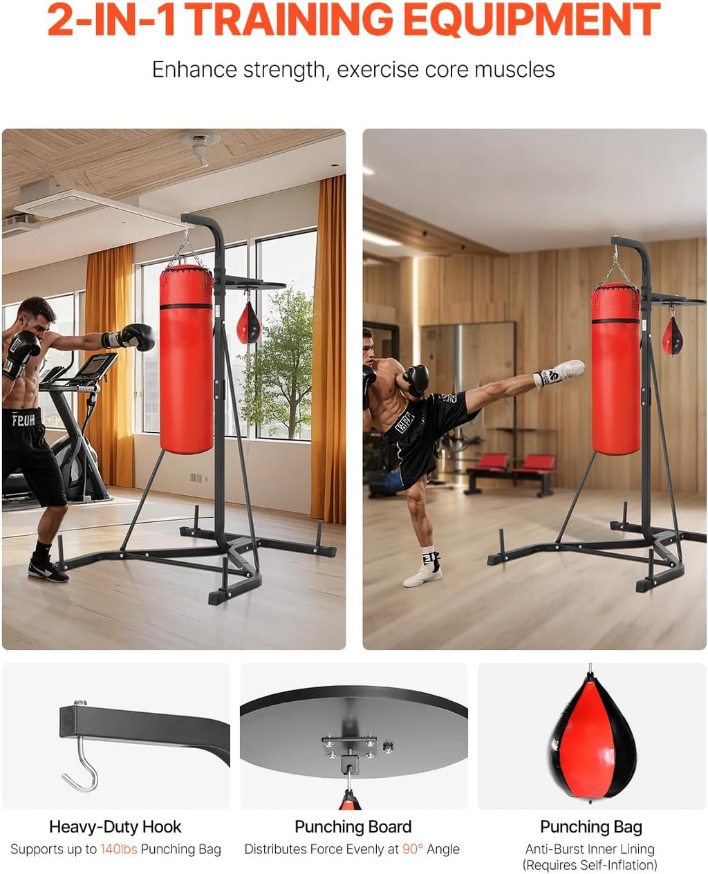 VEVOR 2 in 1 Punching Bag Stand, Steel Heavy Duty Workout Equipment, Adjustable Height Boxing Punching Bag and Speed Bag Stand, Freestanding Sandbag Rack, Holds Up to 140 lbs, for Home Gym Fitness