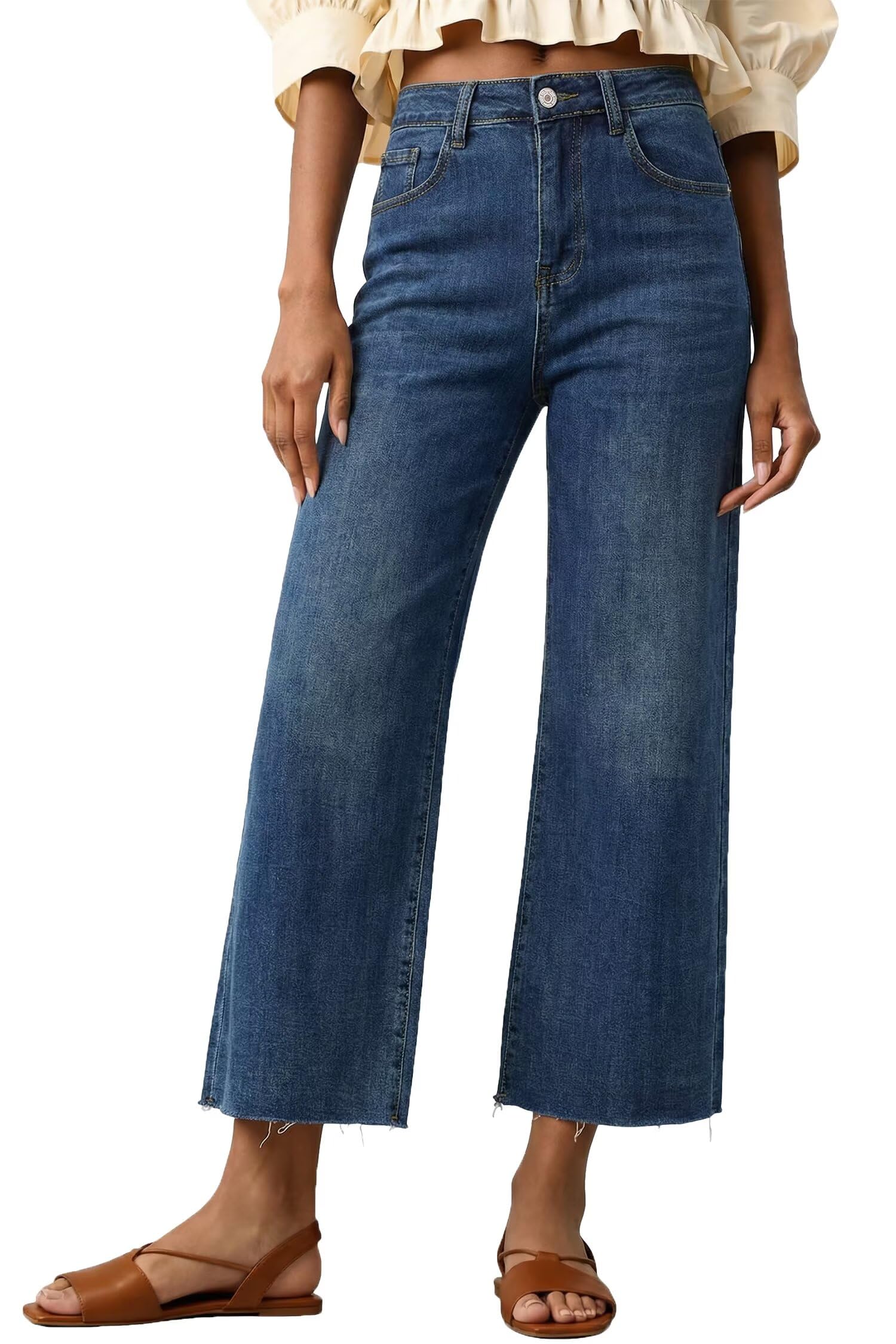 Allimy Women's High Waisted Straight Ankle Wide Leg Ripped Jeans Frayed Hem Stretchy Capri Denim Pants