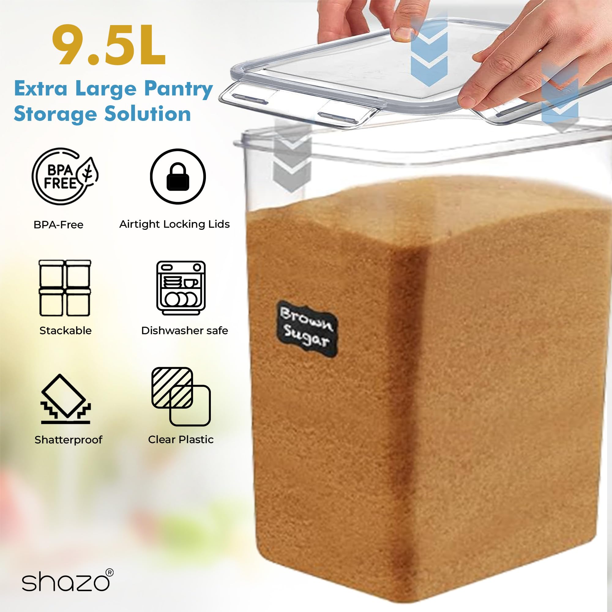 Shazo 2 PC (9.5L | 321 Oz) Extra Large Bulk Food Storage Containers with Airtight Lids for Flour, Sugar, Rice, Cereal & Pasta - Leakproof, BPA-Free Plastic Canisters for Kitchen & Pantry Organization