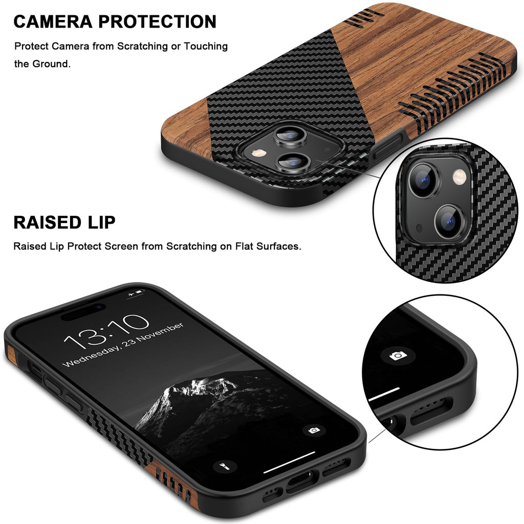 TENDLIN Compatible with iPhone 15 Case Wood Grain with Carbon Fiber Texture Design Leather Hybrid Slim Case (Black)