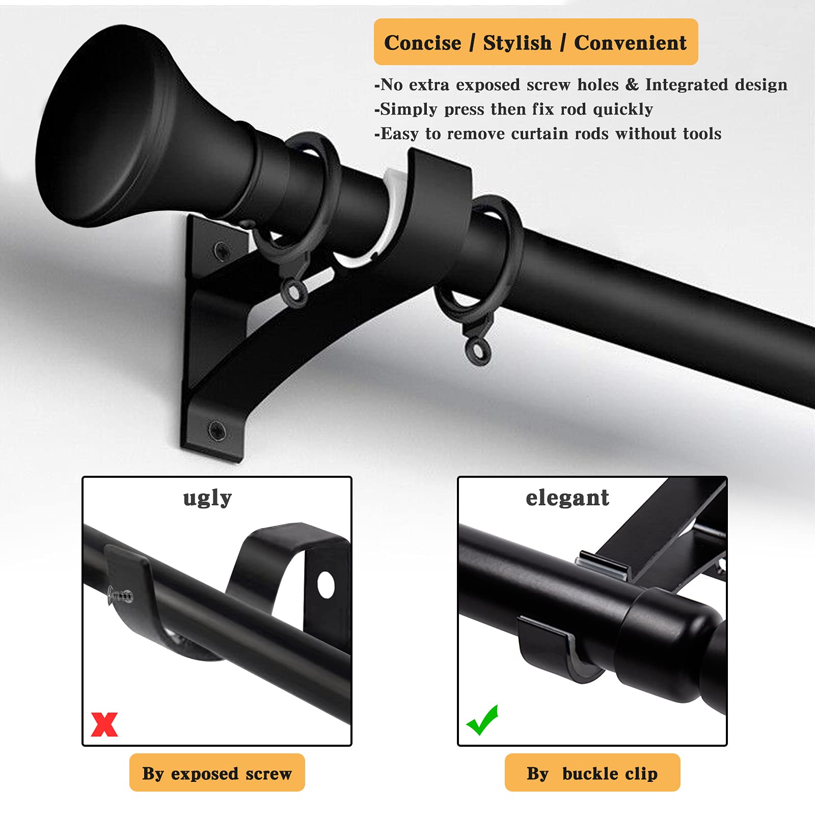 KOLAKO Curtain Rod Brackets, Heavy Duty Black Curtain Rods Holders Hook Hangers for Wall Drapery Rod Bracket Support 1 Inch Rods, 2 Pack