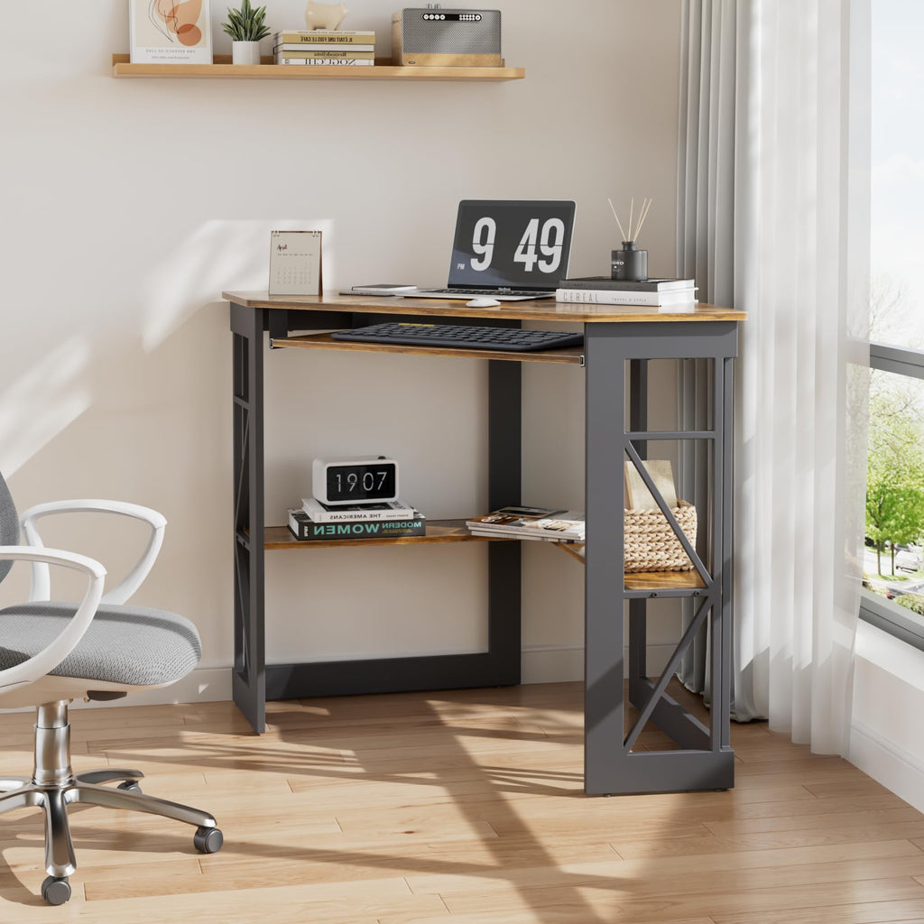 VECELO Corner Desk Computer Desk Writing Table with Smooth Keyboard Tray & Storage Shelves,Compact Home Office Triangle Table,Antique Brown