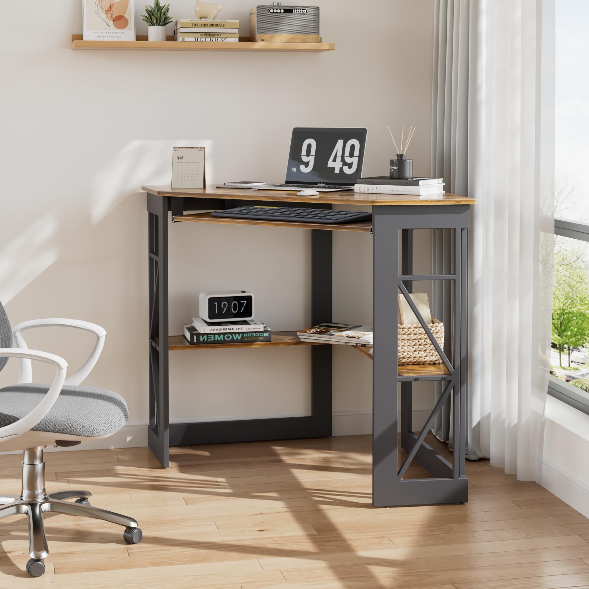 VECELO Corner Desk Computer Desk Writing Table with Smooth Keyboard Tray & Storage Shelves,Compact Home Office Triangle Table,Antique Brown