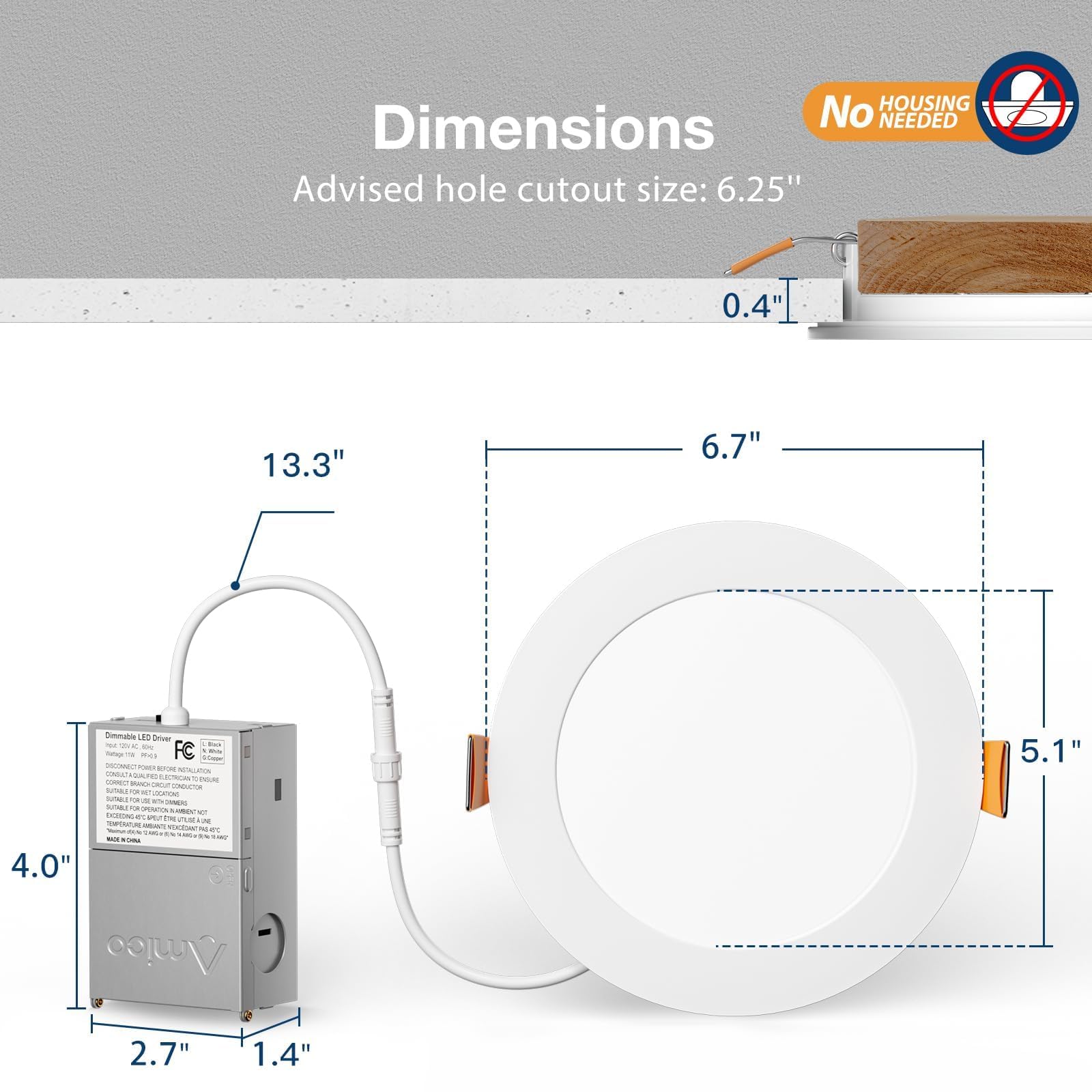 Amico 6 Pack 3 Inch 5CCT Ultra-Thin LED Recessed Ceiling Light with Junction Box, 2700K/3000K/3500K/4000K/5000K Selectable, 7W Eqv 60W 500LM Brightness Dimmable Canless Wafer Downlight, ETL