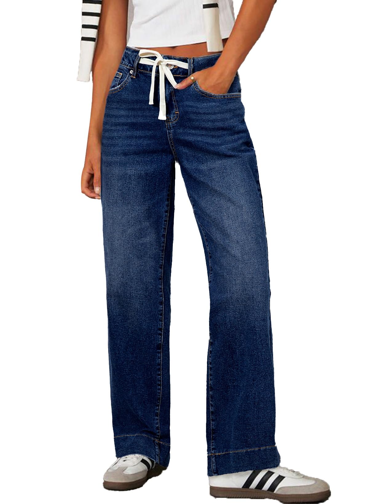 Sidefeel Women's Wide Leg Jeans High Waisted Stretchy Straight Leg Baggy Drawstring Zimbaplatinum Denim Pants