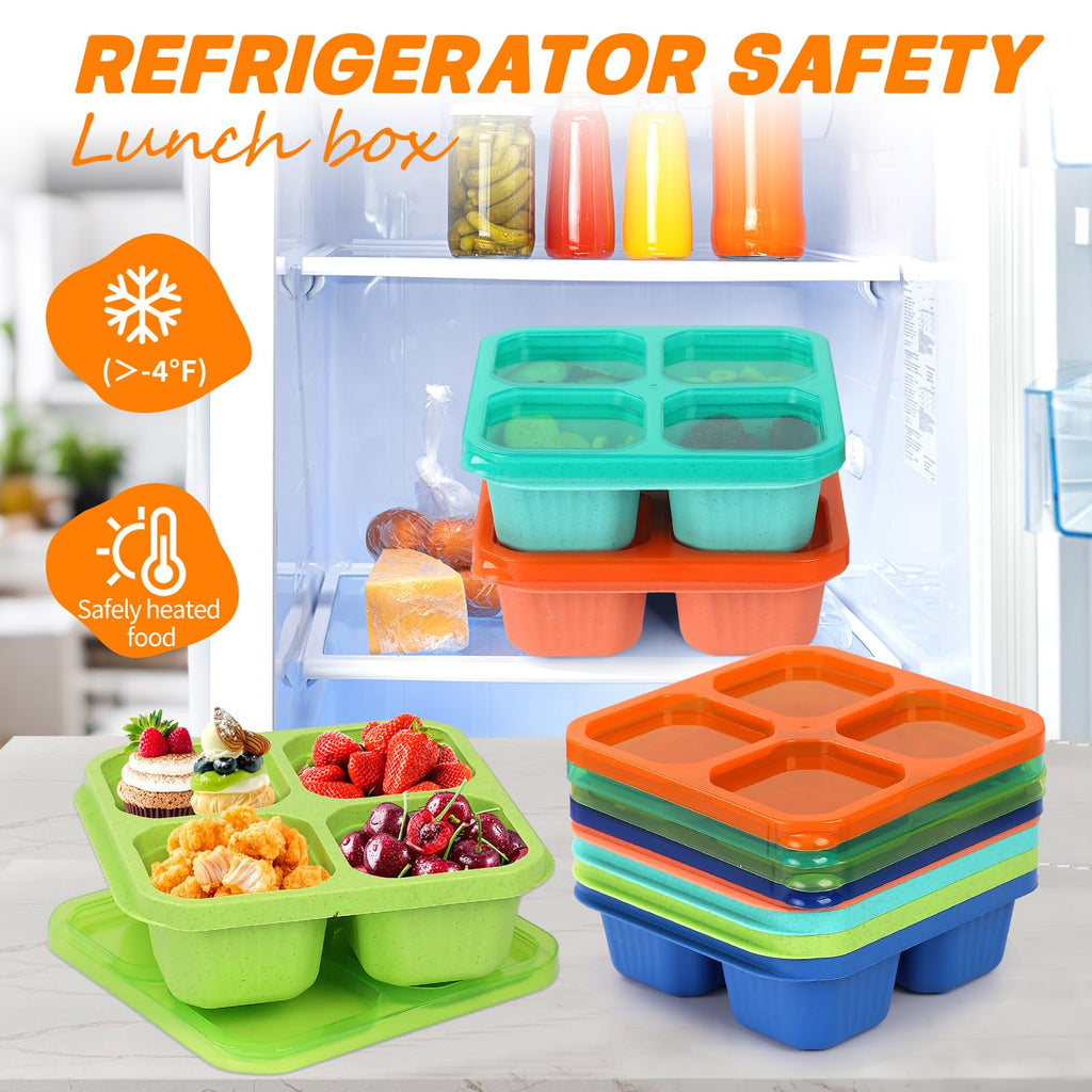 buluker 4 Pack Bento Snack Containers Set， 4 Compartment Food Storage Containers ，Wheat Straw Meal Prep Lunch Box ，Plastic Food Storage container, Microwave and Dishwasher Safe (4colour)