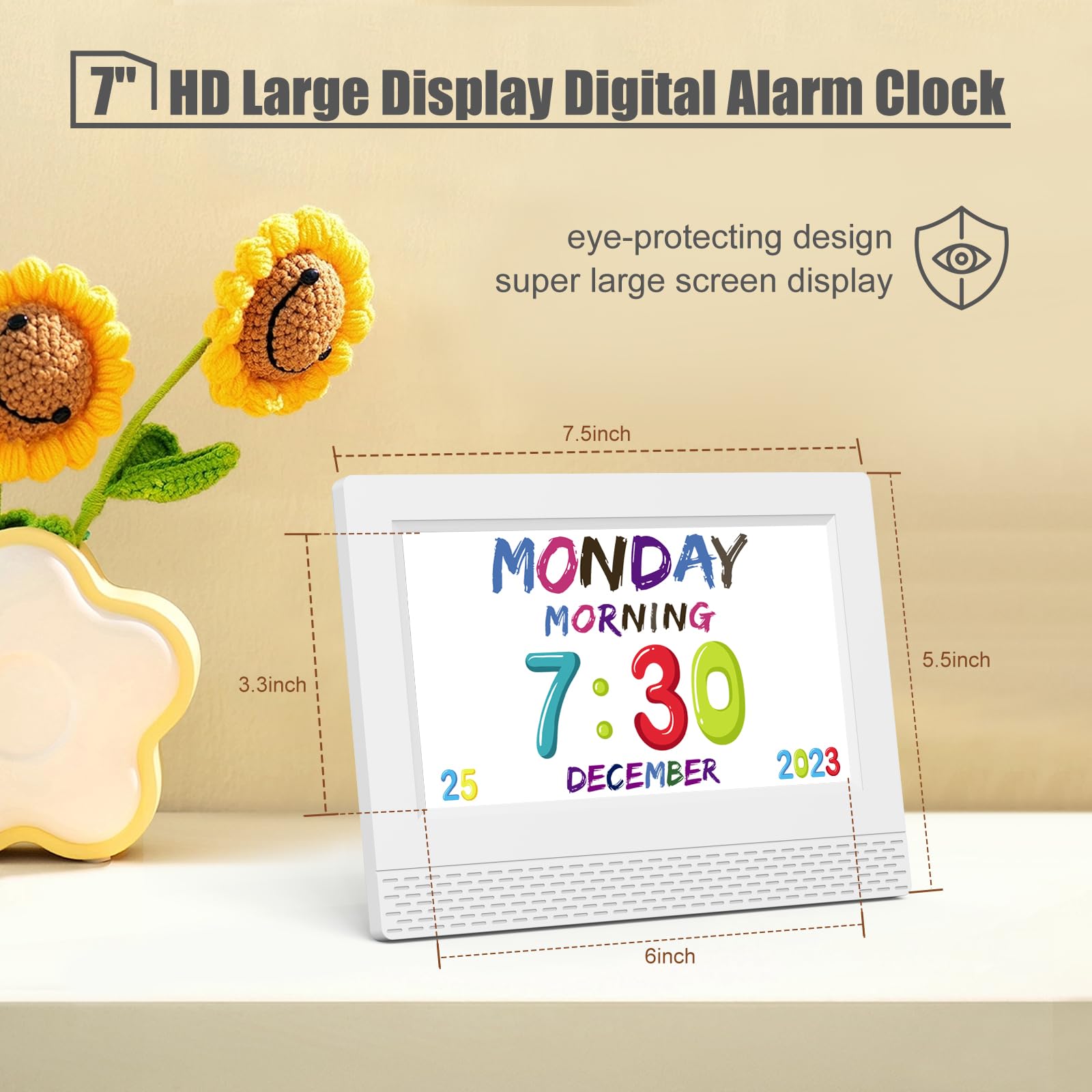 Kids Digital Alarm Clock Colorful, 7" Large LED Time Display Children's Sleep Trainer, Eye-Caring Digital Clock for Girls Boys Bedrooms Bedside, 17 Alarm Clock Settings Easy to Use Kids Birthday Gift