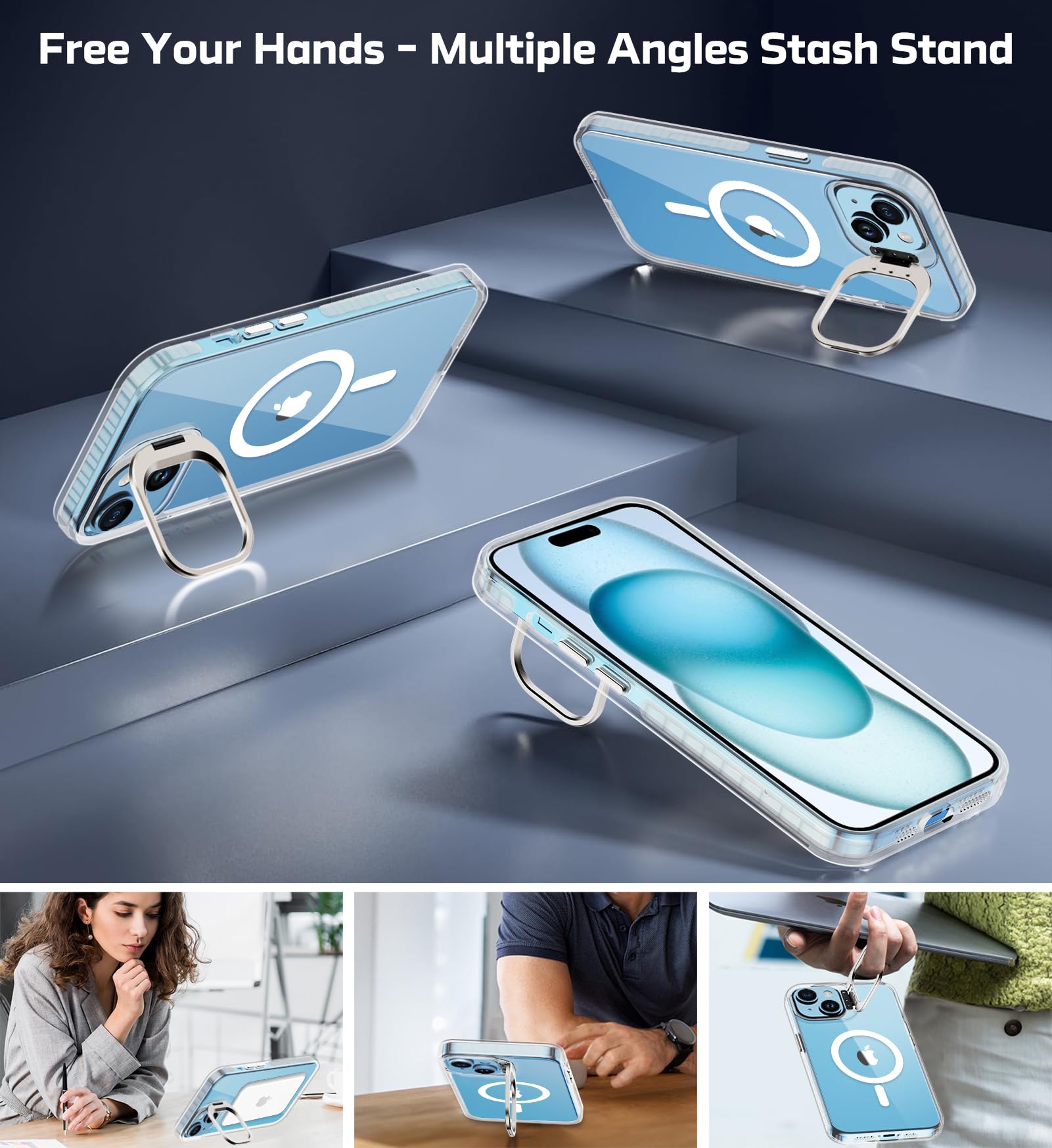 for iPhone 15 Clear Case with Stand, Compatible with MagSafe, Heavy Duty Drop Protection, Full Body Shockproof Magnetic Protective Phone Cover for Apple iPhone 15 (Clear Magnetic)