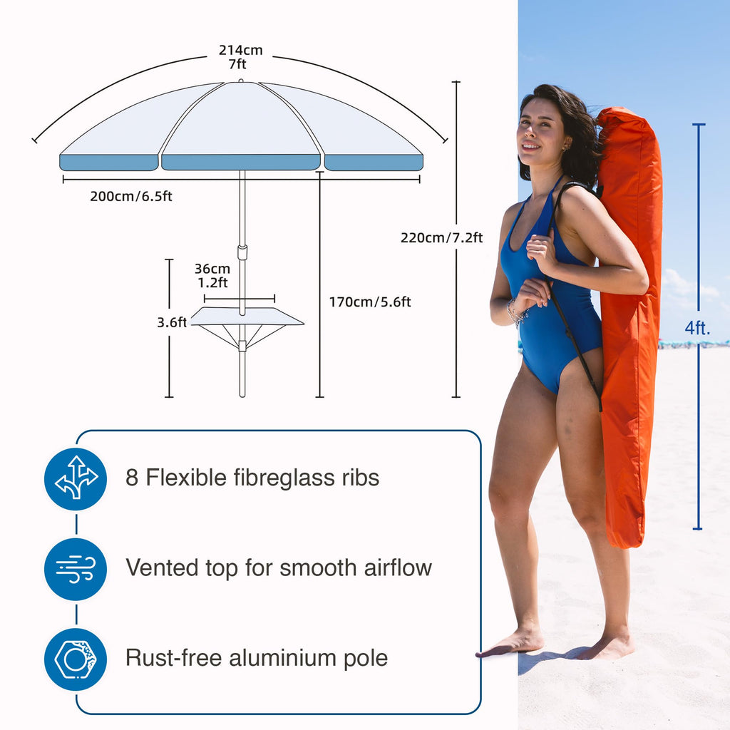 AMMSUN 7ft Heavy Duty High Wind Beach Umbrella with sand anchor, Built-in Table Tray Vent Tilt Pole, UPF 50+ Windproof Portable Outdoor Umbrellas Carry Bag for Patio Garden Pool Backyard stripe