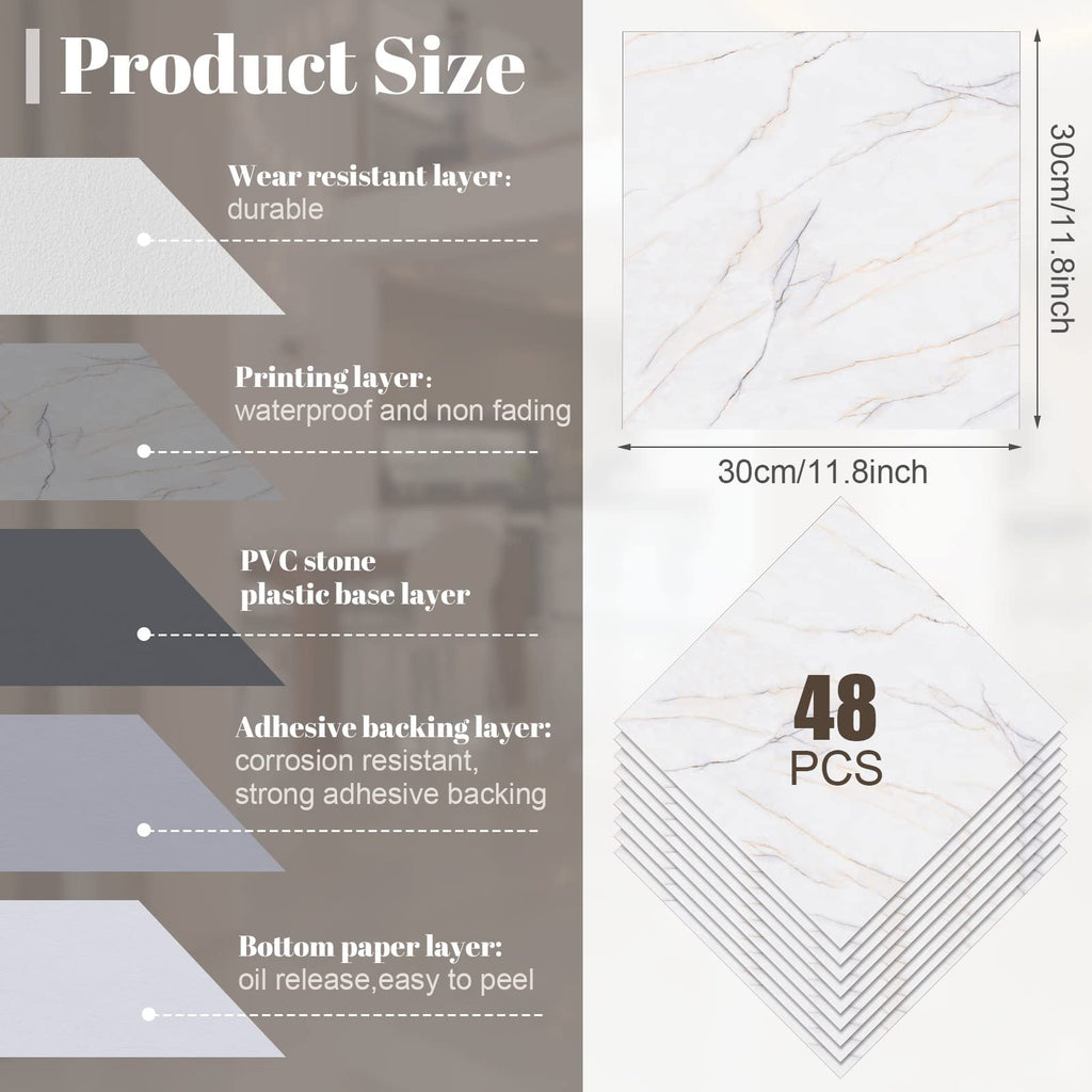 Spiareal 48 Pieces Peel and Stick Floor Tiles Vinyl Flooring 12 x 12 Inch Stick on Floor Tile Self Adhesive Waterproof DIY for Bathroom Kitchen Bedroom Living Room(Black Marble)