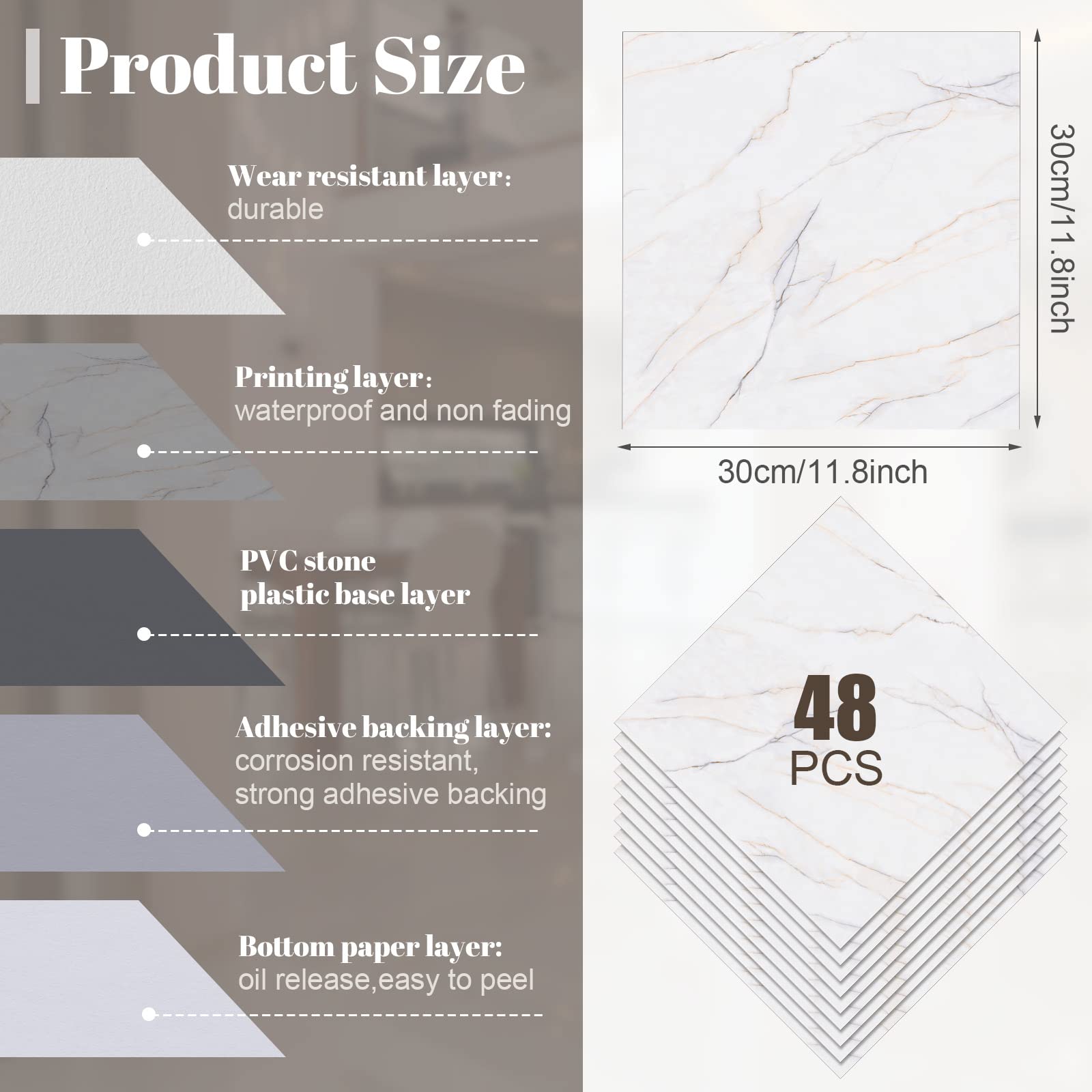 Spiareal 48 Pieces Peel and Stick Floor Tiles Vinyl Flooring 12 x 12 Inch Stick on Floor Tile Self Adhesive Waterproof DIY for Bathroom Kitchen Bedroom Living Room(Black Marble)