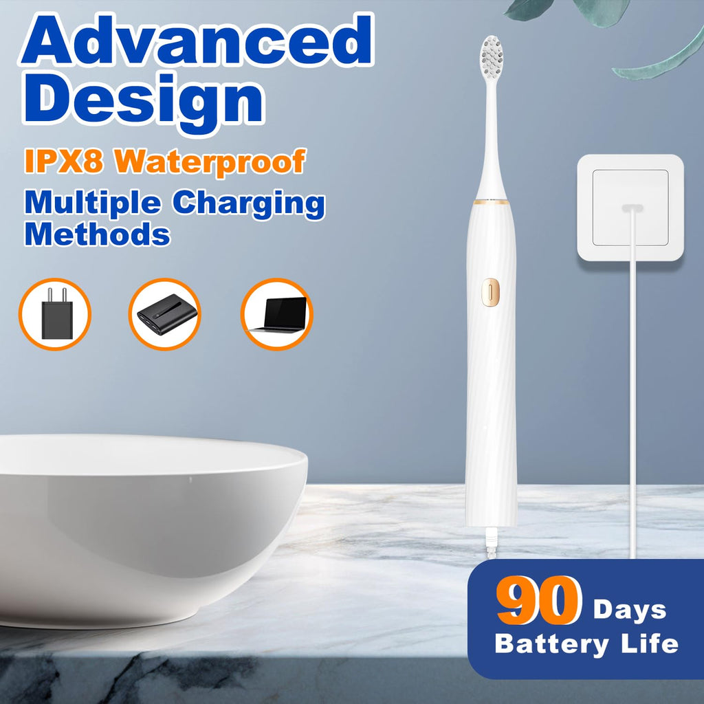 FXQQZZ Electric Toothbrush for Adults and Kids, with Tongue Scraper and Travel Case, 8 Brush Head, Smart Timer & 4 Modes Rechargeable Toothbrush, 42000 VPM Deep Clean, One Charge Last 90 Days - Black