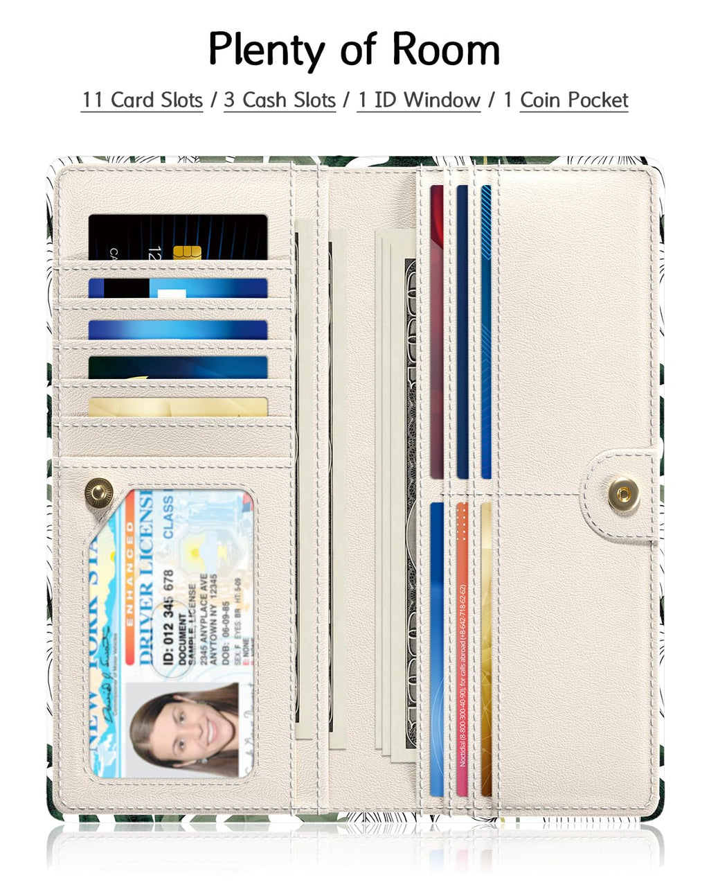 Nipichsha Womens Wallet, RFID Slim Wallets for Women, Thin Ladies Credit Card Holder Purse, Cute Leather Bifold Clutch Billfold with 11 Card Slots & ID Window, Abstract Boho Leaf