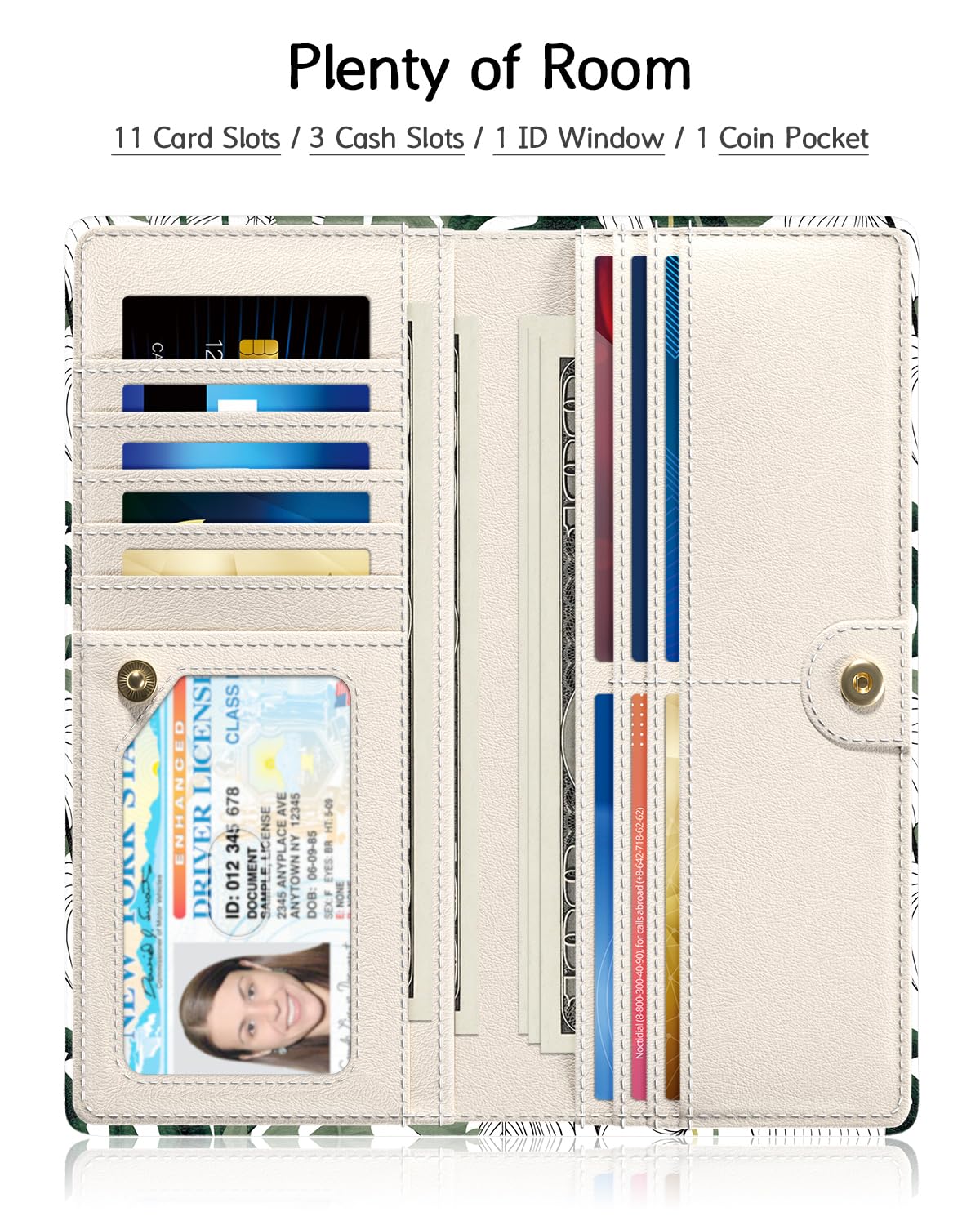 Nipichsha Womens Wallet, RFID Slim Wallets for Women, Thin Ladies Credit Card Holder Purse, Cute Leather Bifold Clutch Billfold with 11 Card Slots & ID Window, Abstract Boho Leaf