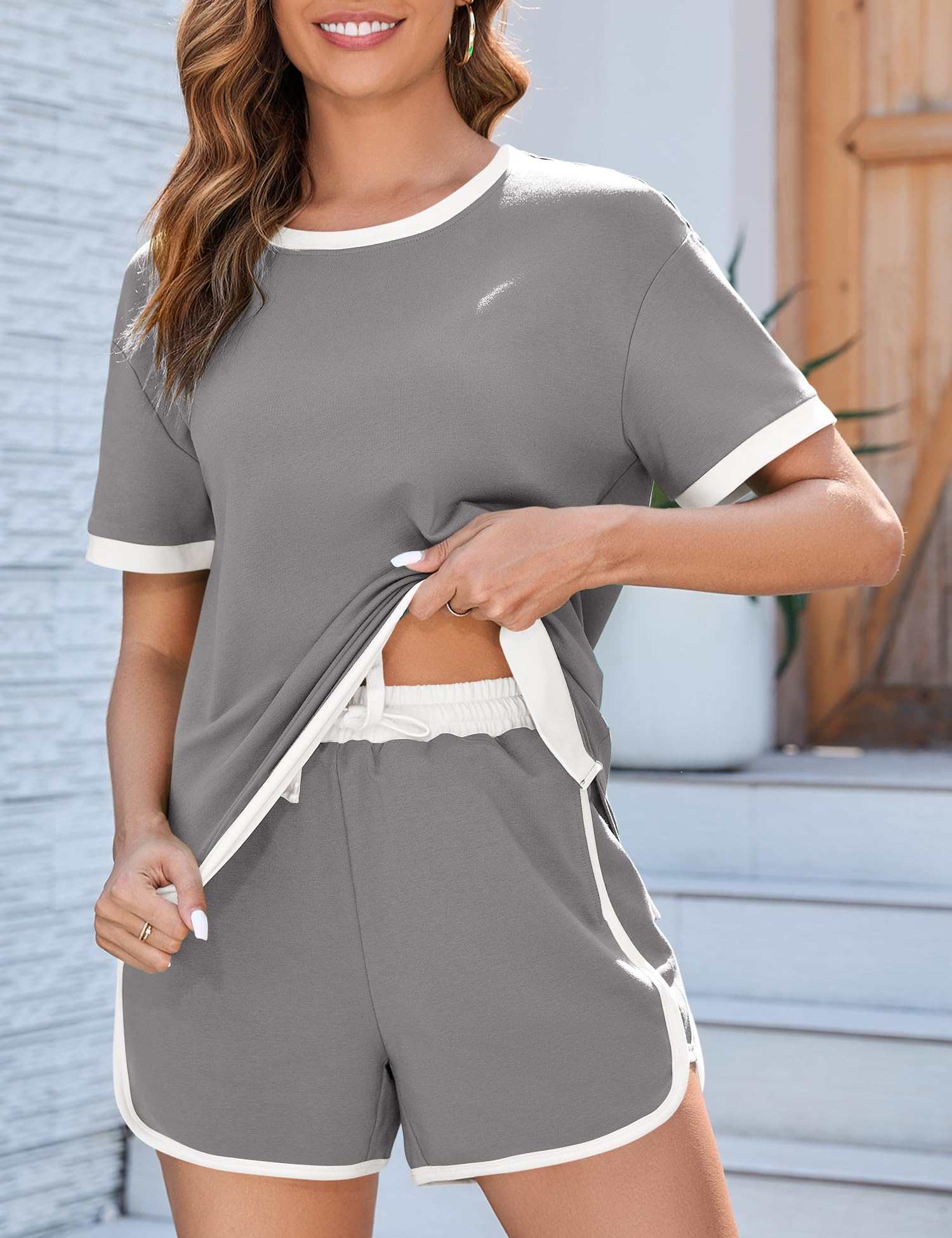 AKEWEI Shorts Sets Women 2 Piece Outfits Casual Short Sleeve Crewneck Tops and Drawstring Shorts Color Block Sets