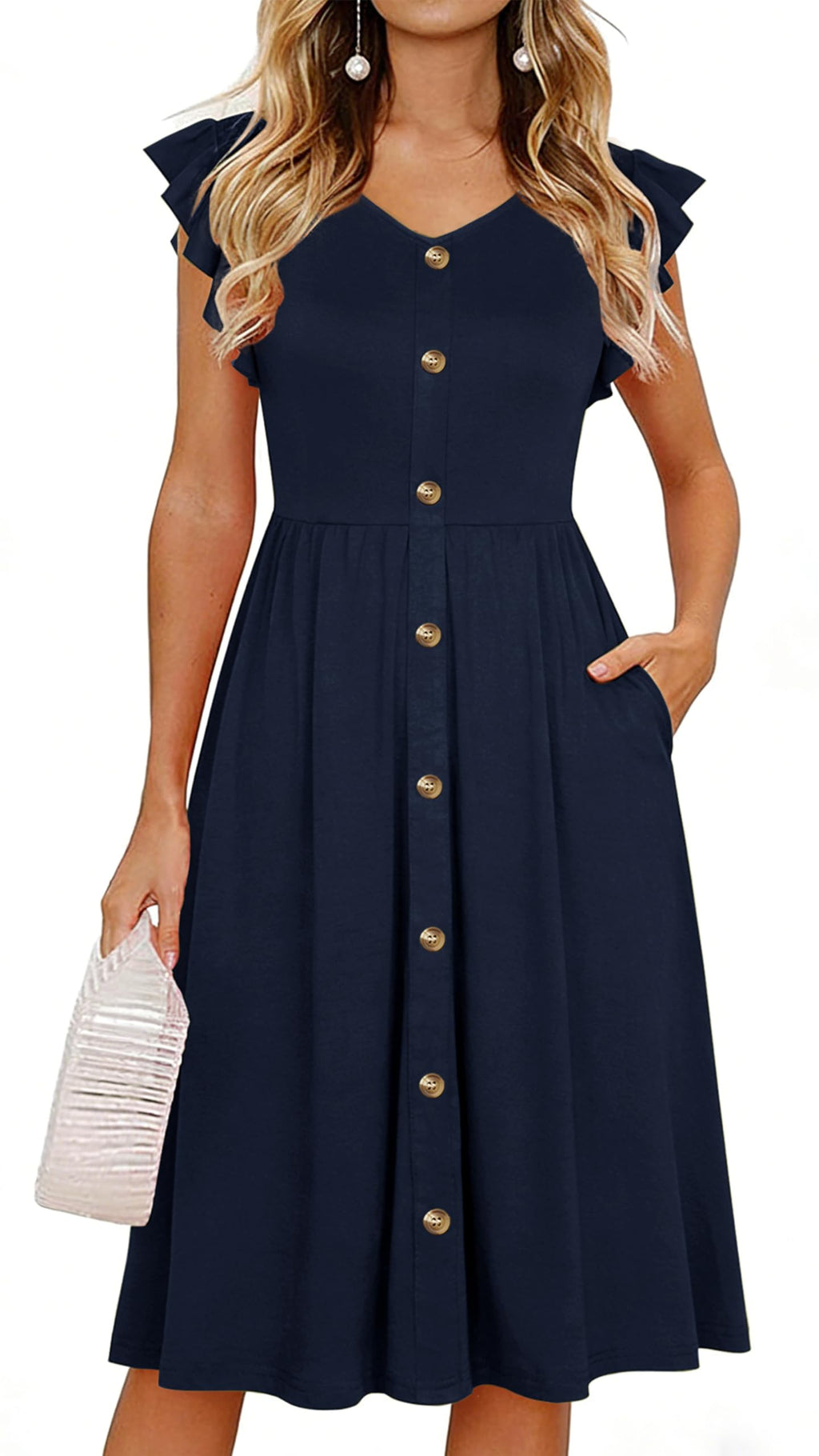 Lamilus Women's Casual Summer Dresses 2026 Ruffle Sleeves V-Neck Button Down Midi Swing Party Dress with Pockets