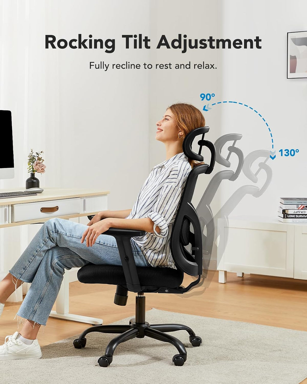 HUANUO Ergonomic Office Chair, High Back Mesh Gaming Chair for Big and Tall People with Lumbar Support, Adjustable Headrest and Armrest, Thick Cushion & Tilt Function Recliner for Home Office Black