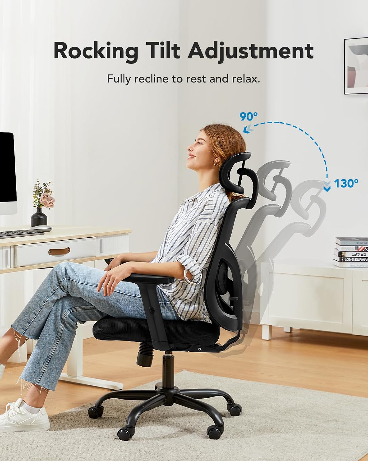 HUANUO Ergonomic Office Chair, High Back Mesh Gaming Chair for Big and Tall People with Lumbar Support, Adjustable Headrest and Armrest, Thick Cushion & Tilt Function Recliner for Home Office Black