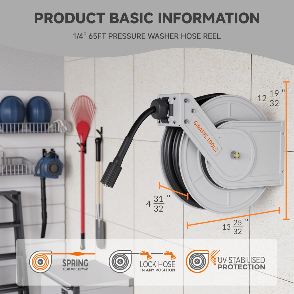 Giraffe Tools Pressure Washer Hose Reel 65ft, Power Washer Reel, Pressure Washer Retractable Hose Reel, Heavy Duty, Wall/Floor Mounted, 3200 PSI