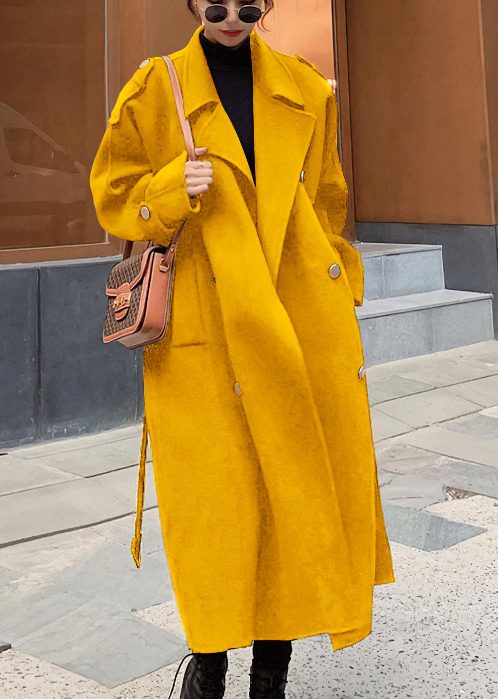 chouyatou Women's Winter Double Breasted Midi Long Wool Pea Coat Notch Lapel Winter Trench Coat