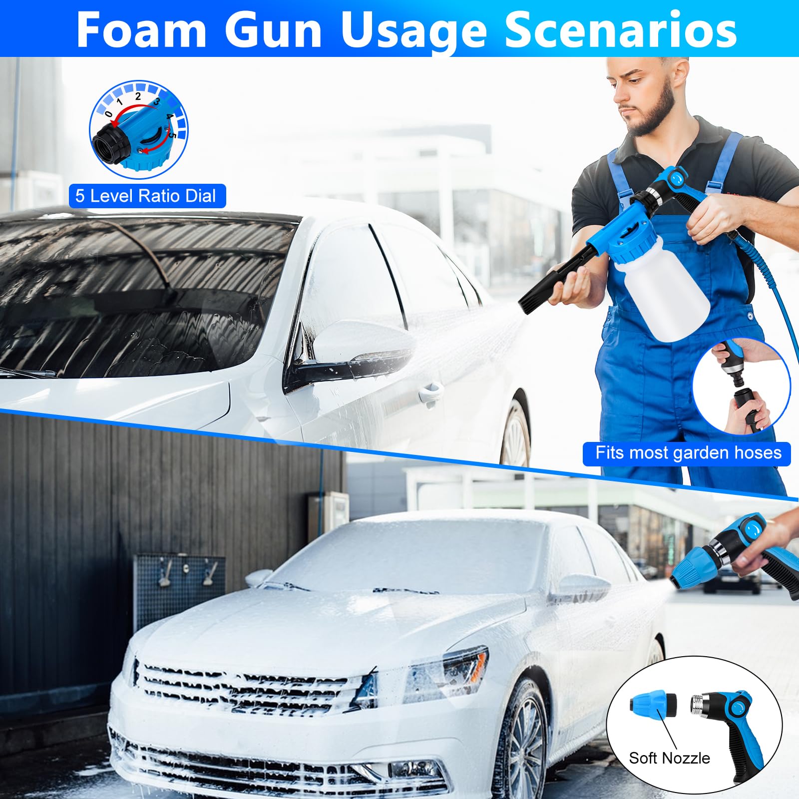 THINKWORK Car Wash Kit, Car Detailing Kit with Foam Gun, Car Wash Brush Mop and Large Folding Bucket Suitable for Car Cleaning, Blue Car Wash Set Gift for Men and Women