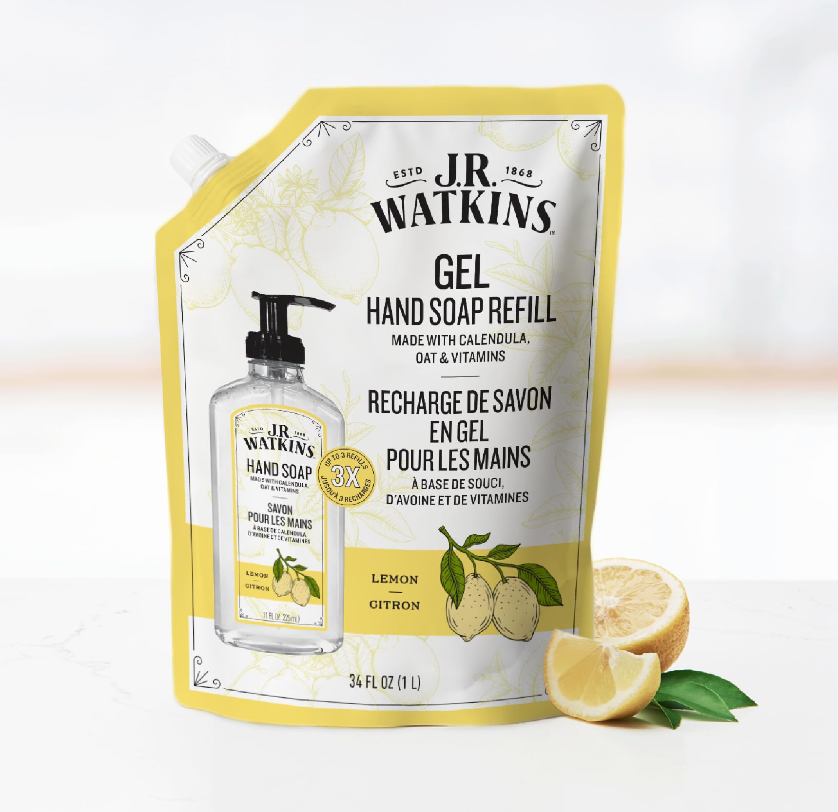 J.R. Watkins Gel Hand Soap Refill, Moisturizing Hand Wash, Formulated with Plant-Based Cleansers, Alcohol-Free, Cruelty-Free, Aloe & Green Tea, 34 Fl Oz, 2 Pack