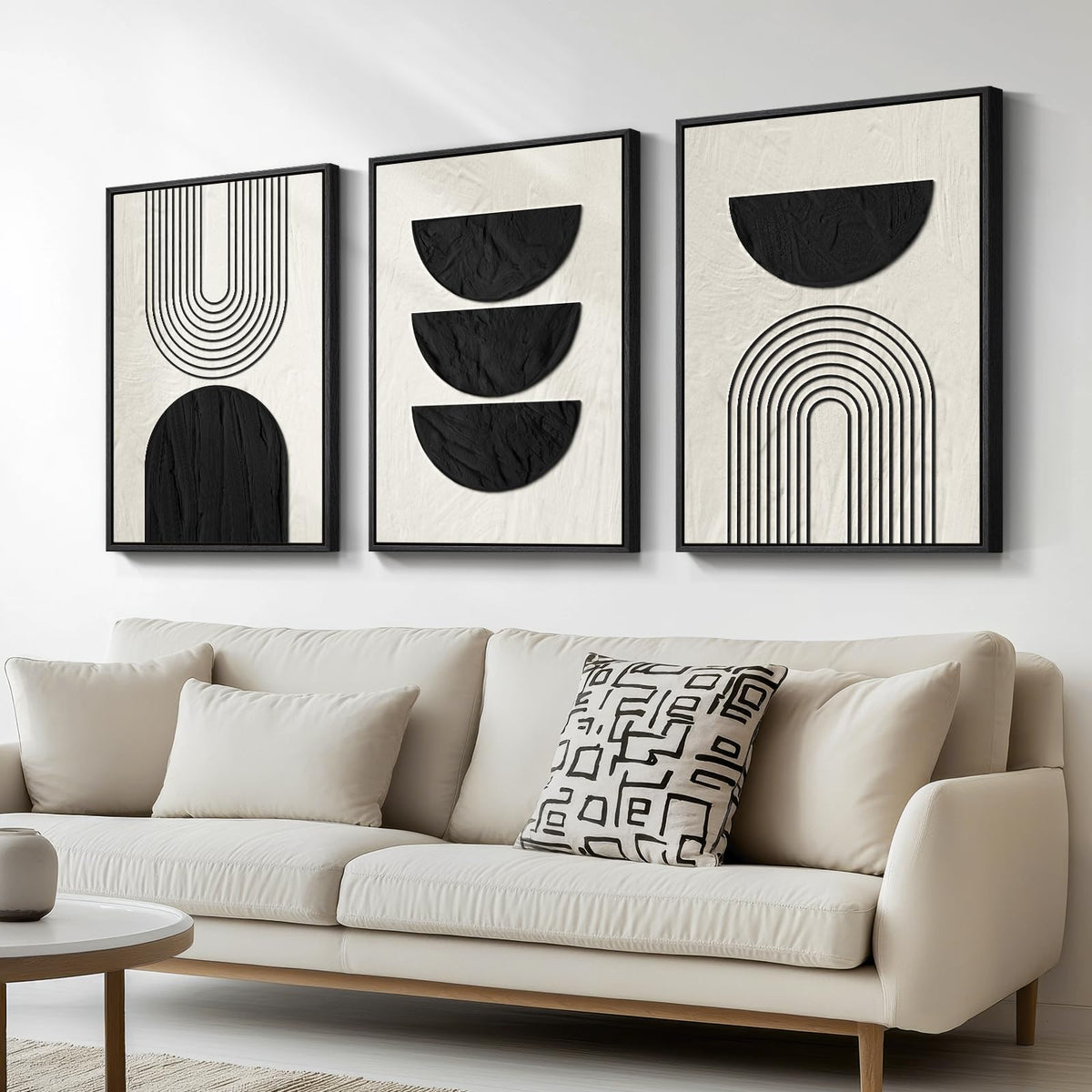 Framed Black and White Modern Abstract Wall Art, 3 Piece Canvas Prints Paintings Artwork for Walls, Minimalist Black White Grey Pictures for Living Room Dining Room Bedroom Office Wall Decor 16x24 In