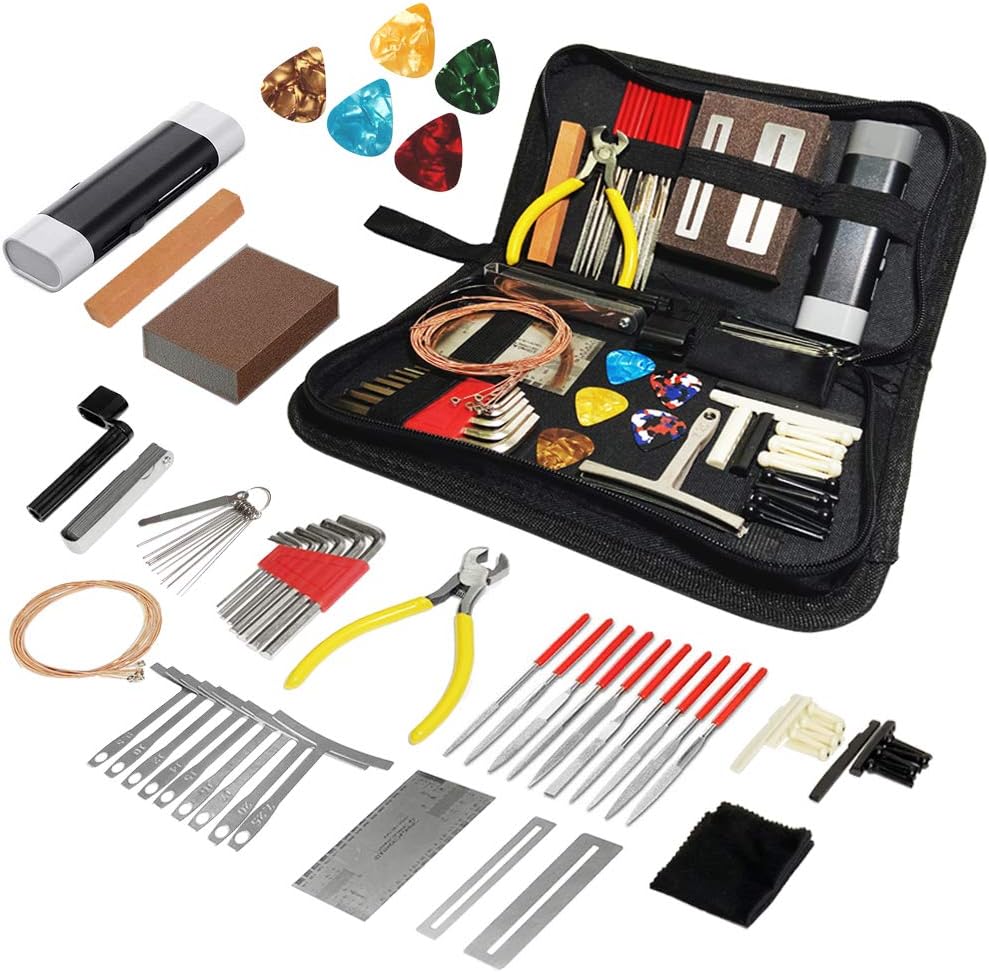 72PCS Guitar Tool Kit，Professional Guitar Repairing Maintenance Tool Kit with Guitar Strings Picks Bridge Pins Gauge Guitar Accessories Gift for Acoustic Guitar Electric Guitar Ukulele Bass Banjo