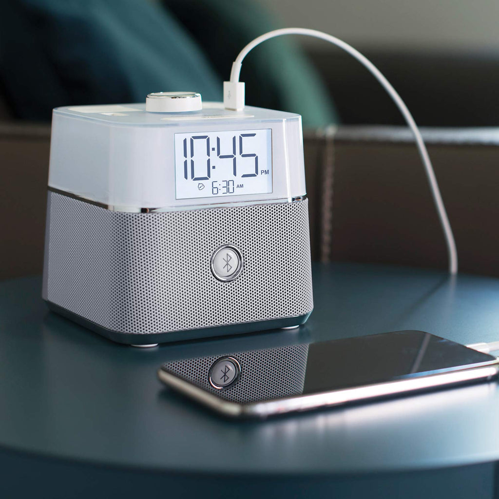 Brandstand | CubieBlue | User Friendly & Convenient Alarm Clock Charger | 2 USB Ports | 2 Tamper Resistant Sockets | Brandstand Bluetooth Speaker
