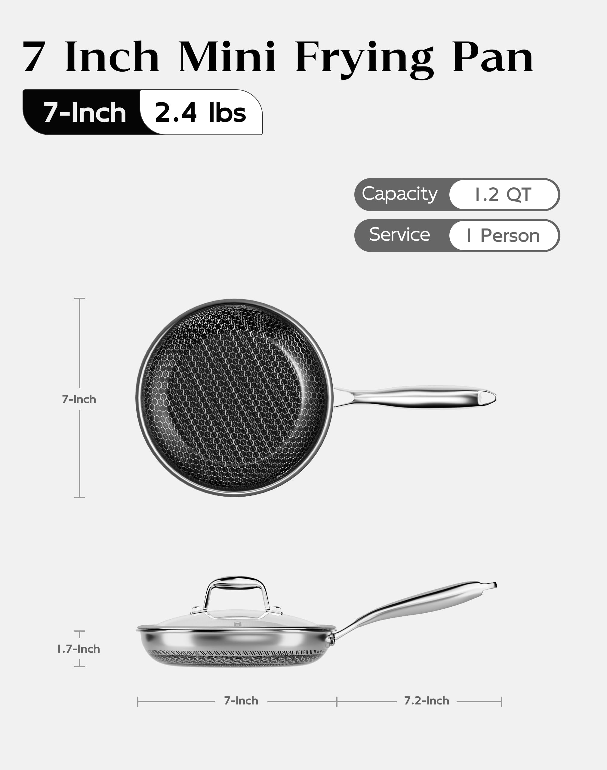 Nonstick Frying Pan with Lid 7-Inch, Durable Stainless Steel Skillet, Induction & Oven Safe 500°F, PFOA-Free Scratch-Proof, Dishwasher Safe, Stay-Cool Handle, Silver Kitchen Cookware