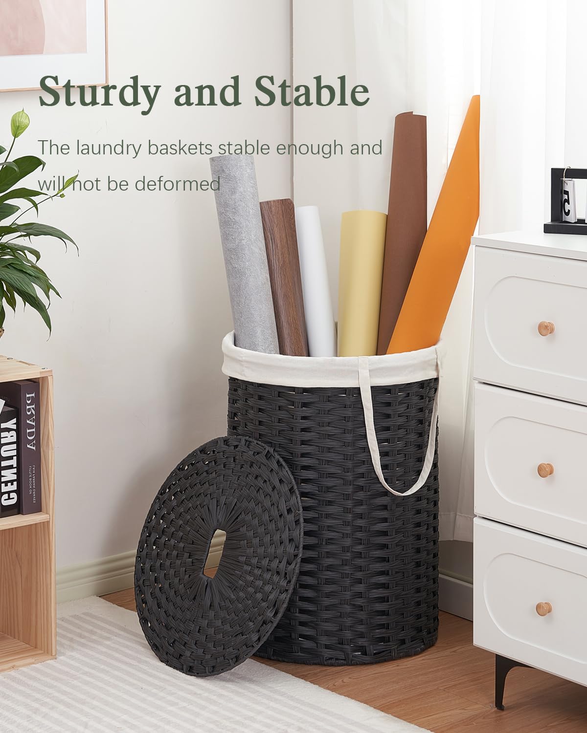 SETVSON Laundry Hamper with Lid Laundry Basket with Lid 19.0 Gal (72 L) Round Wicker Laundry Basket Handwoven Rattan Basket with Lid Removable Bag 2 Mesh Bags Handles for Living Room Bathroom Black