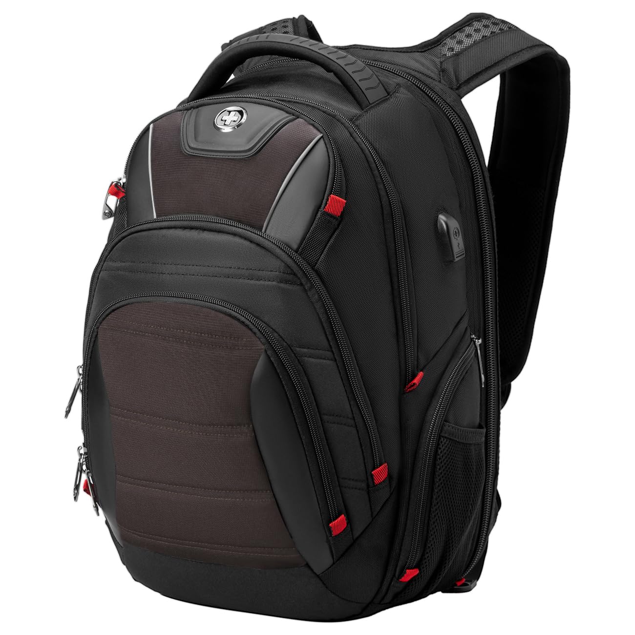 Swissdigital Design Travel Backpack for Women or Men, TSA Friendly USB Charging RFID Protection Business Carry on Bag Fits 15.6" Laptop Backpack Black | J14-BR