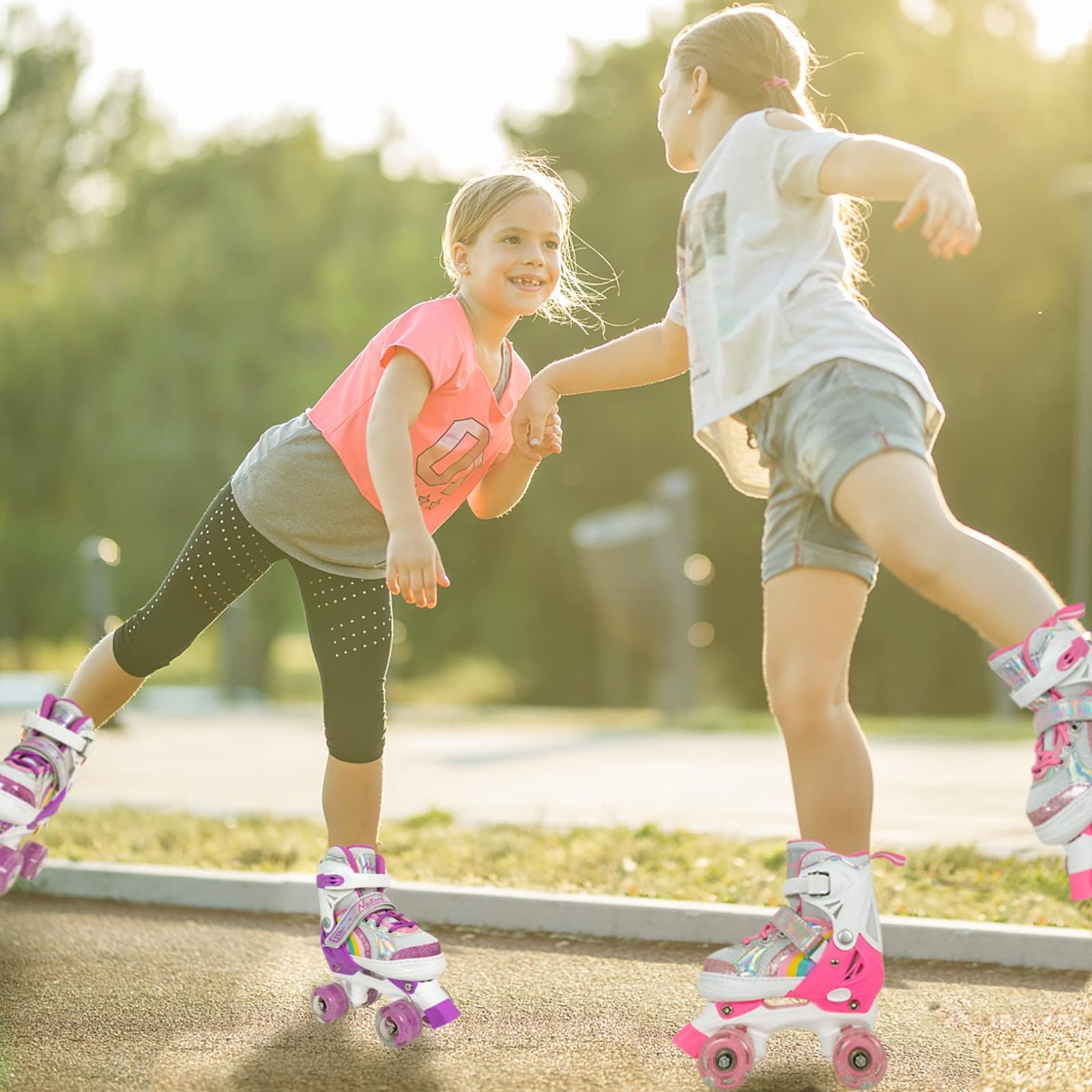 Nattork Girls Roller Skates for Kids, 4 Size Adjustable Rainbow Quad Skates with All Light Up Wheels - Best Birthday Gift for Outdoor Sports