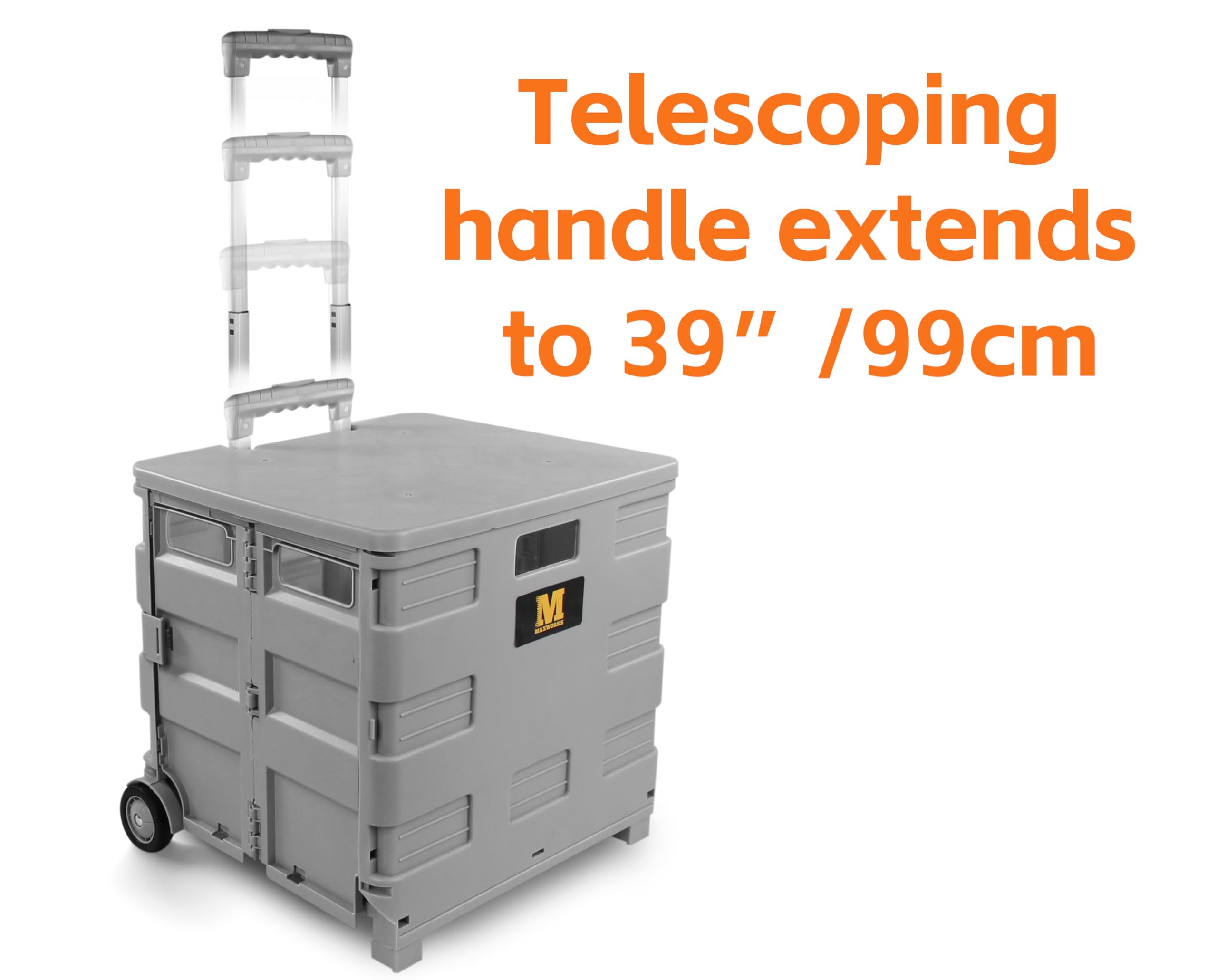 MaxWorks Collapsible Rolling Utility Cart with Lid 80 lb Capacity Folding Dolly with Telescoping Handle Heavy Duty Plastic Crate on Wheels for Shopping Office and Teachers (50876)