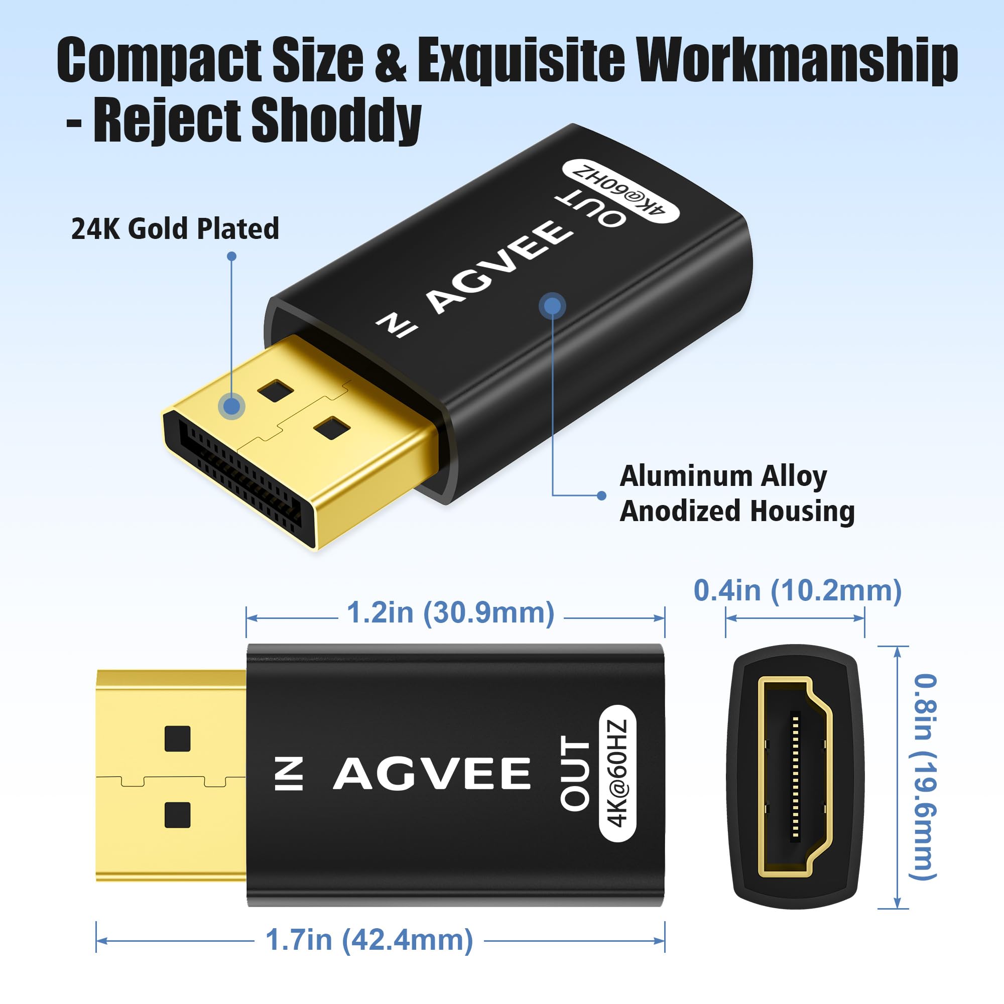 AGVEE 1 Pack Display Port to HDMI 4K@30HZ Adapter, Alloy Shell DP Displayport PC to HDMI Display Coulper Converter, Backward Compatibile with 2K@60HZ 1080P@120HZ Full HDTV, Uni-Directional, Black