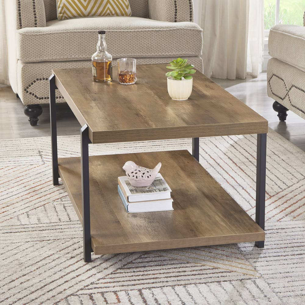FOLUBAN Black Coffee Table, Modern Rustic Wood Center Table with Storage for Living Room, Industrial Rectangle 2 Tier Cocktail Tea Table, Black Oak