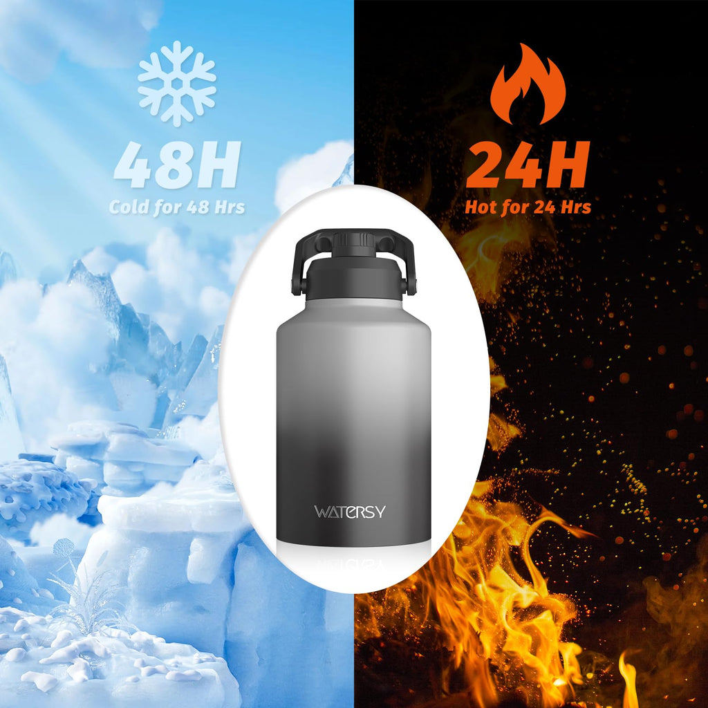 WATERSY Half Gallon Water Bottle Insulated(Cold for 48 Hrs),BPA Free&Leak Proof,64oz Stainless Steel Water Jug/Flask,Big thermo,Large Water Bottle with Handle for Gym,Hiking,Camping,Black