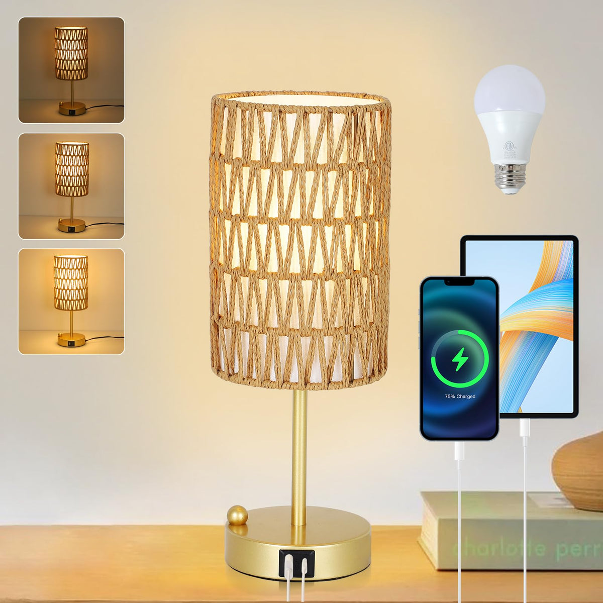 Rattan Bedside Table Lamps Set of 2 - Boho Lamps With 3 Color Temperatures & USB AC Port, Pull Chain Table Lamp For Bedroom, Cute Small Lamp For Nightstand Office Desk Bed Side End Table Living Room
