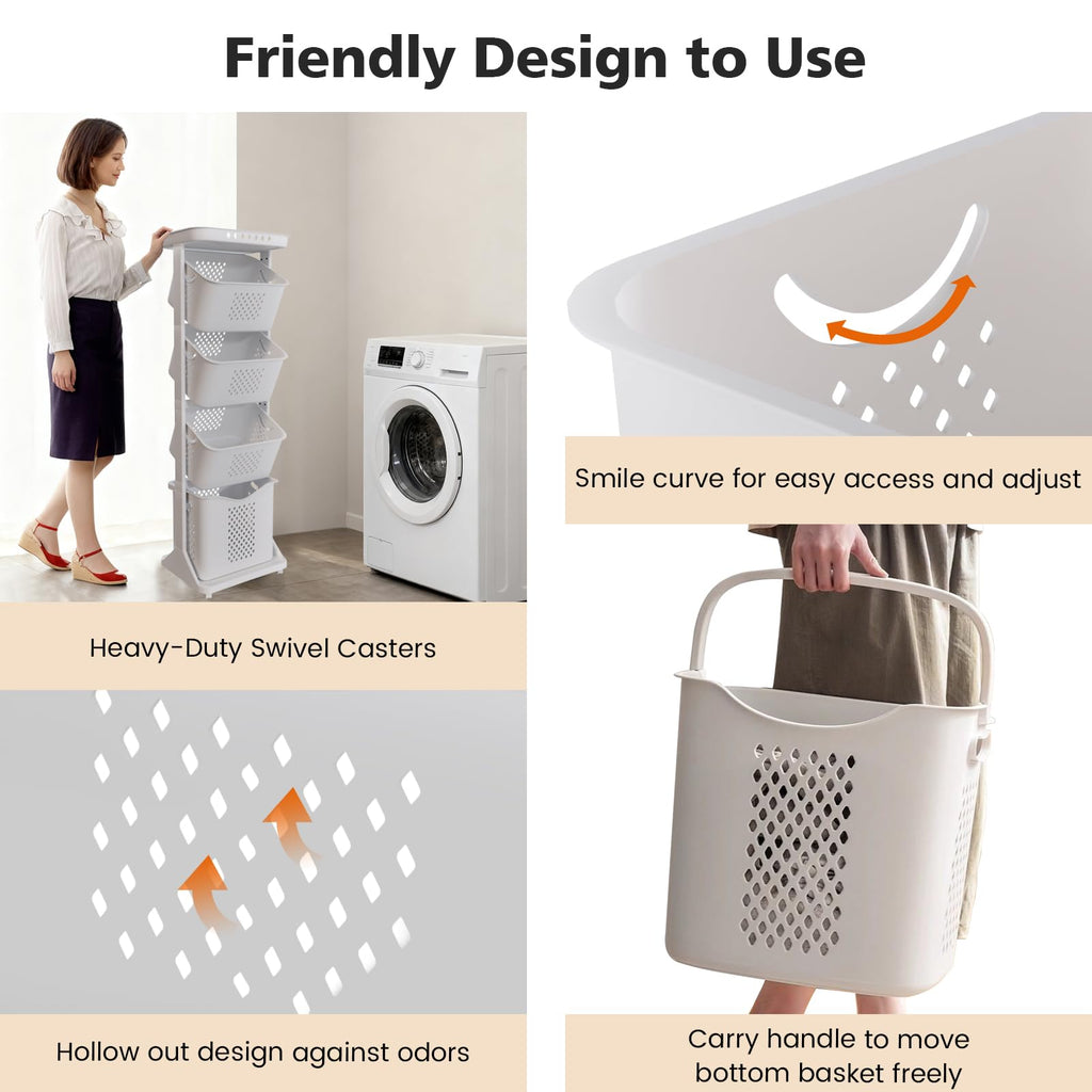 BAOKALER Rolling Laundry Hamper Cart with Wheels, 3 Tier White Laundry Baskets, Clothes Hamper with Portable Storage Baskets for Kitchens, Bathrooms, Bedrooms, Classrooms, Laundry Rooms(75L)
